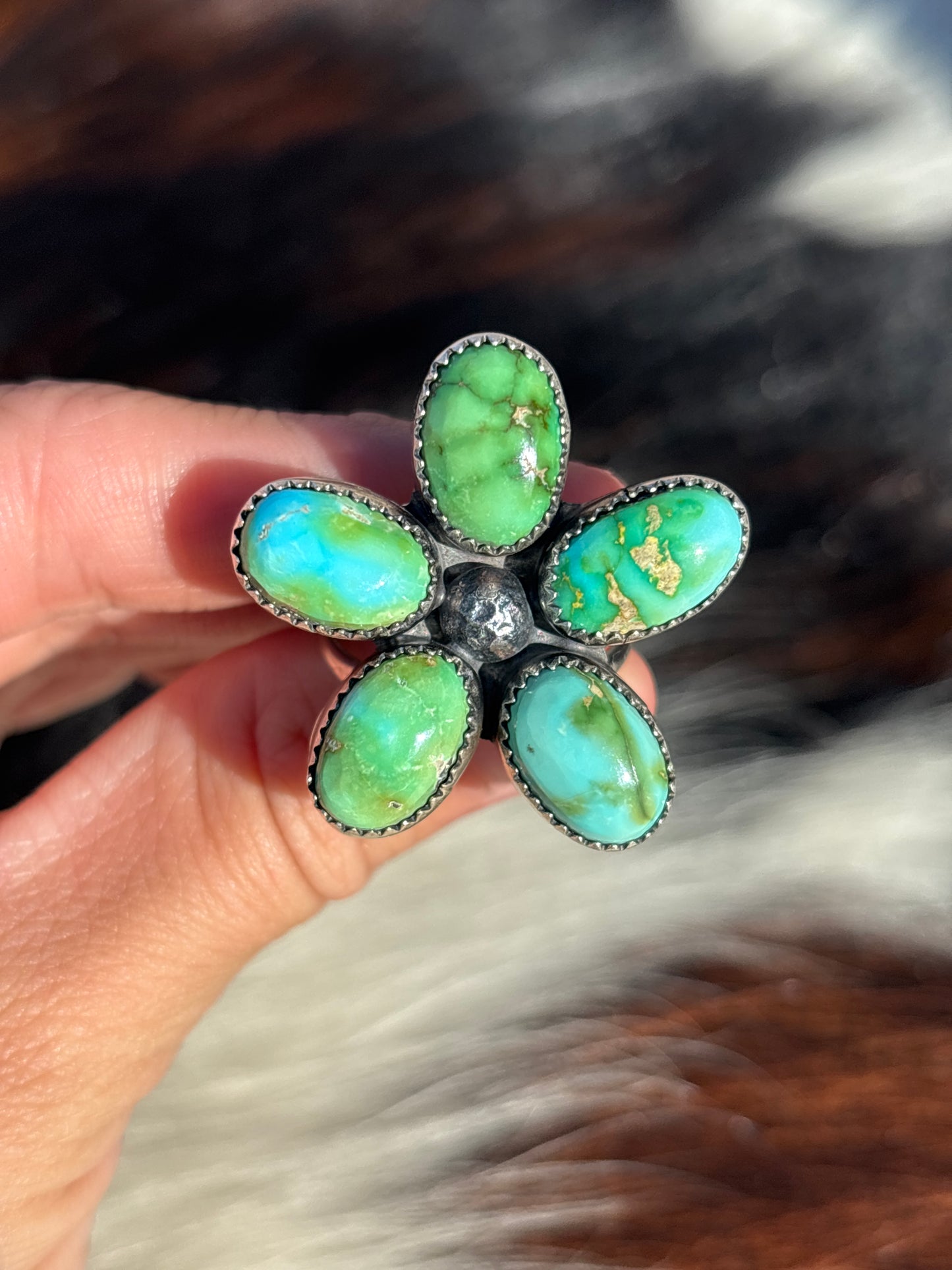Native American, Hand-Made, Sierra Bella Turquoise & Sterling Silver Flower Ring