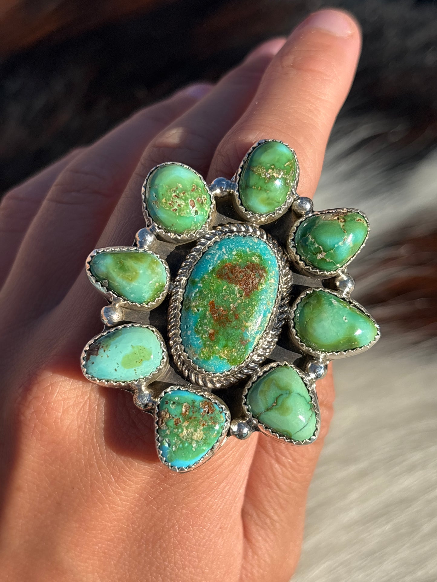 Native American, Hand-Made, Sierra Bella Turquoise & Sterling Silver Cluster Ring