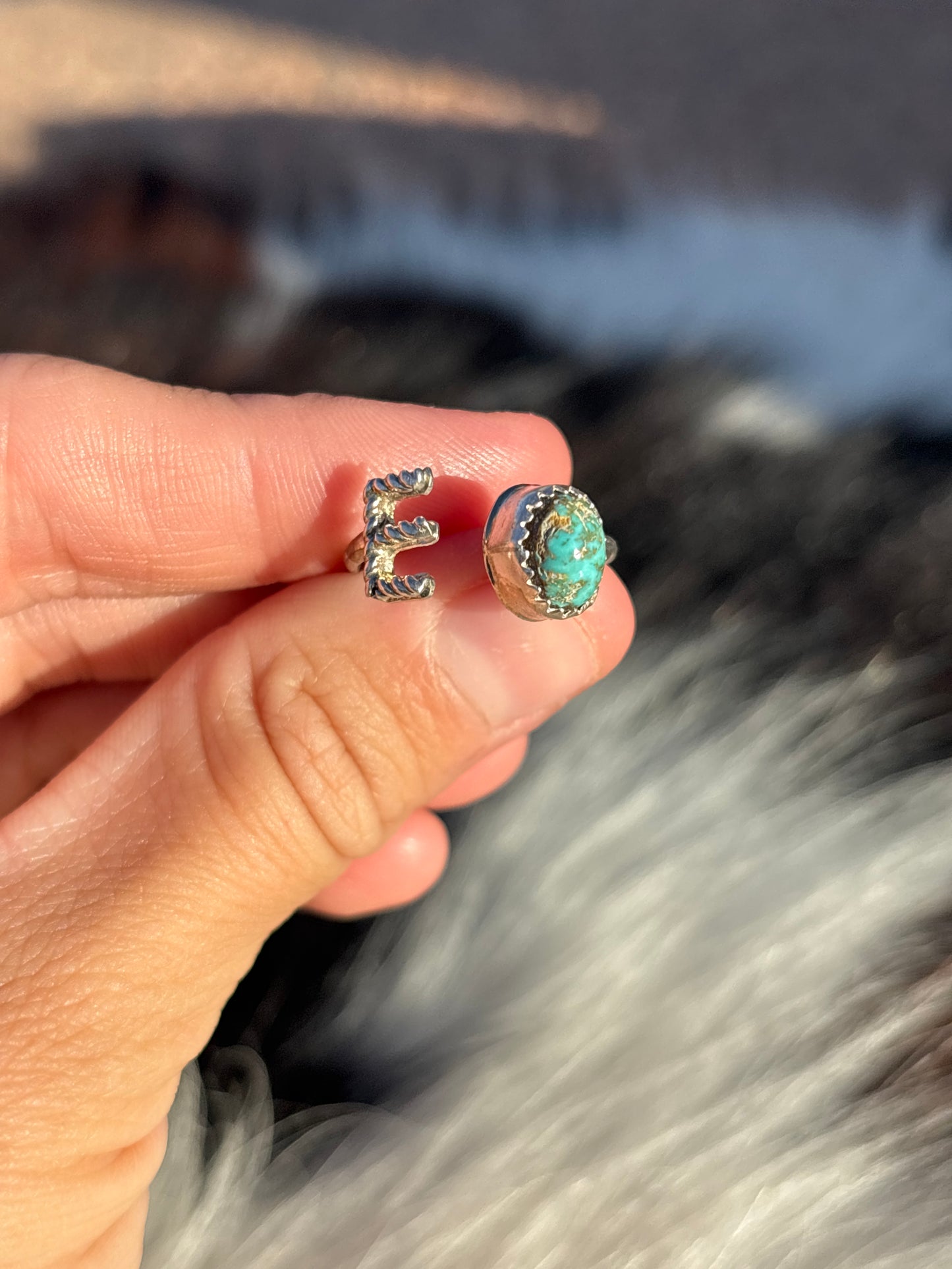 Native American, Hand-Made, Turquoise & Sterling Silver Adjustable Initial Ring
