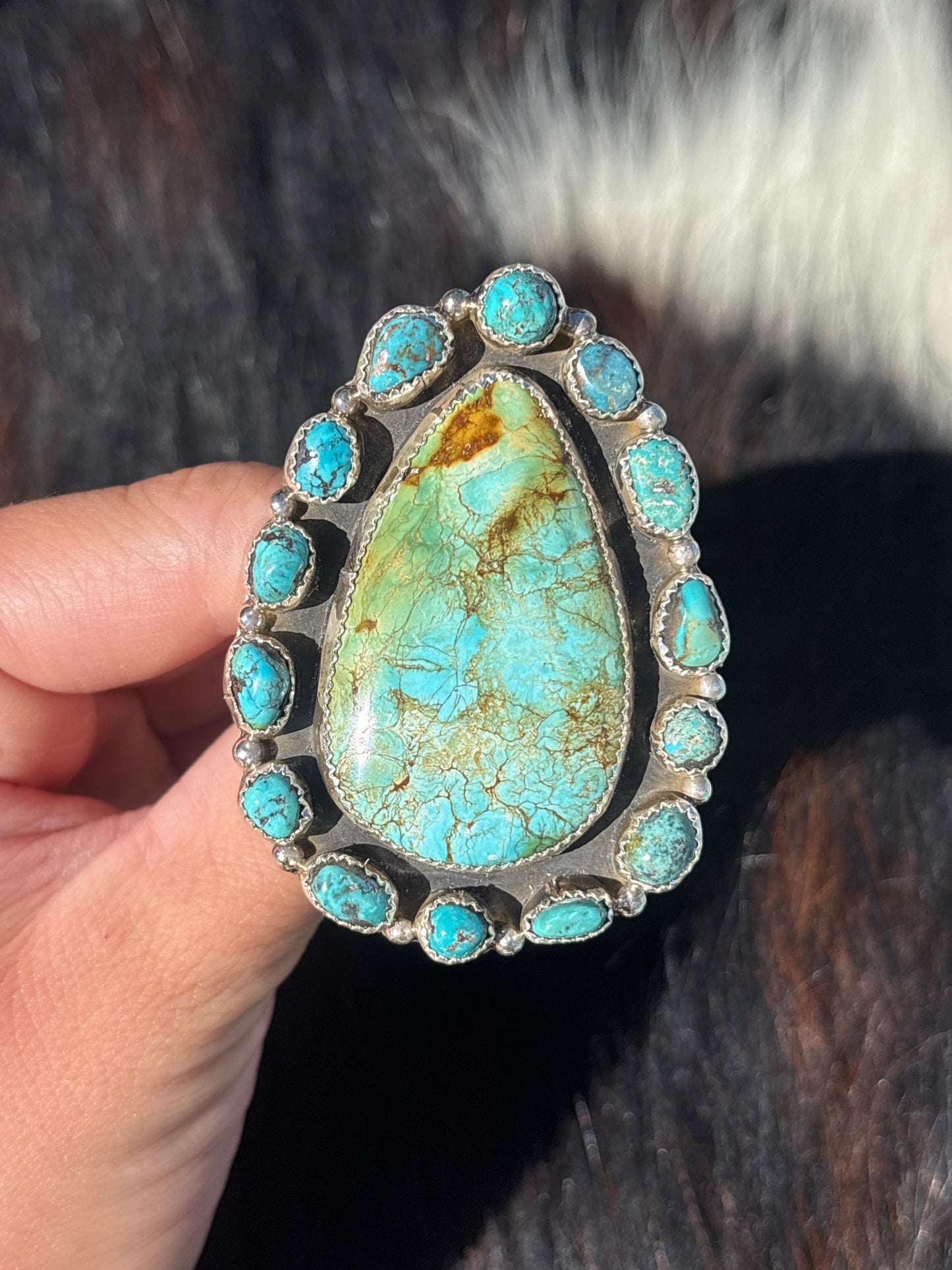 Native American, Hand-Made, Sonoran Gold Turquoise & Sterling Silver Adjustable Ring