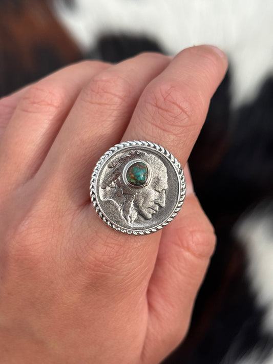 Native American, Hand-Made, Turquoise, Buffalo Nickel & Sterling Silver Ring