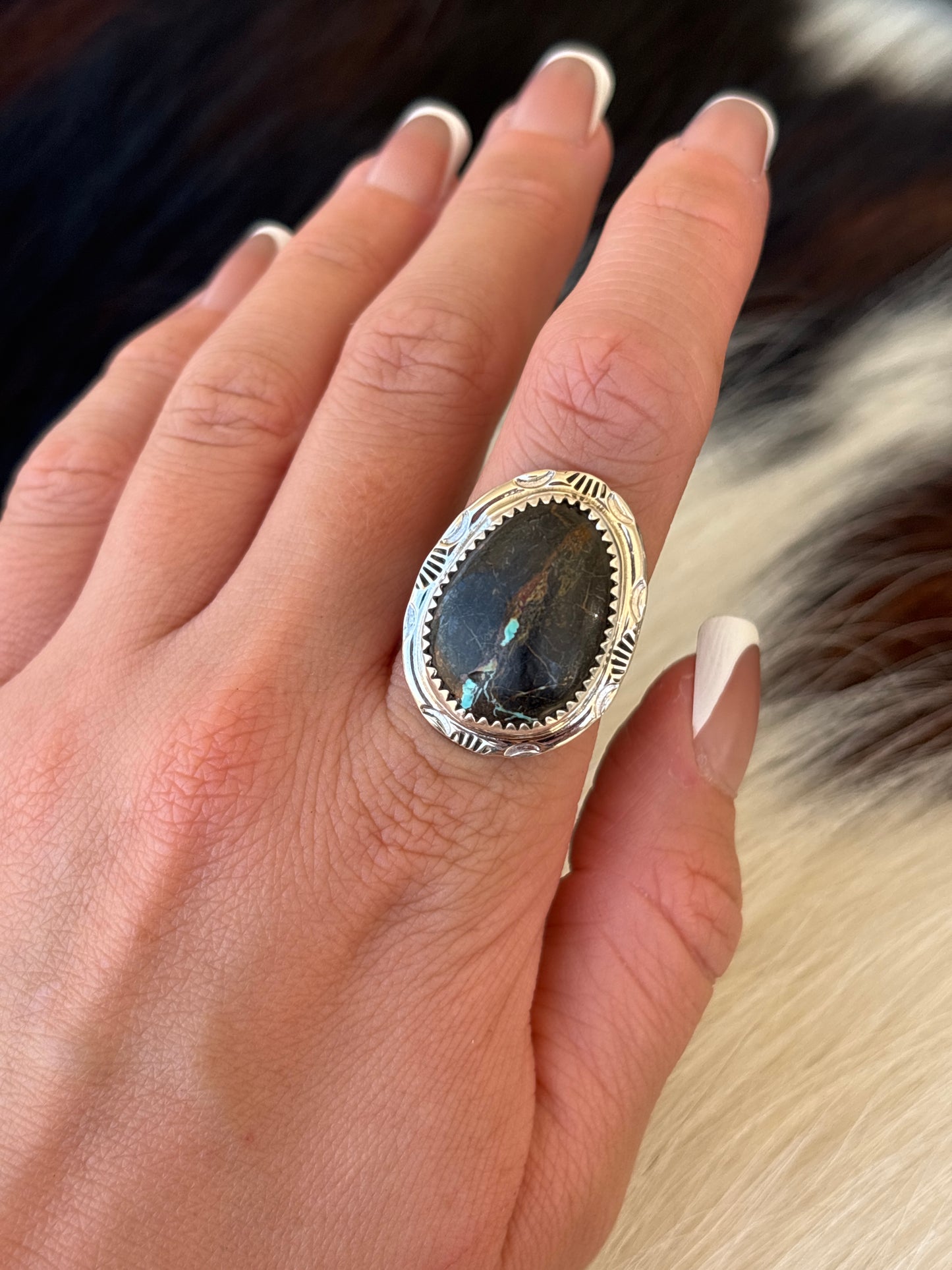 Native American, Hand-Made, Blackjack Turquoise & Sterling Silver Ring
