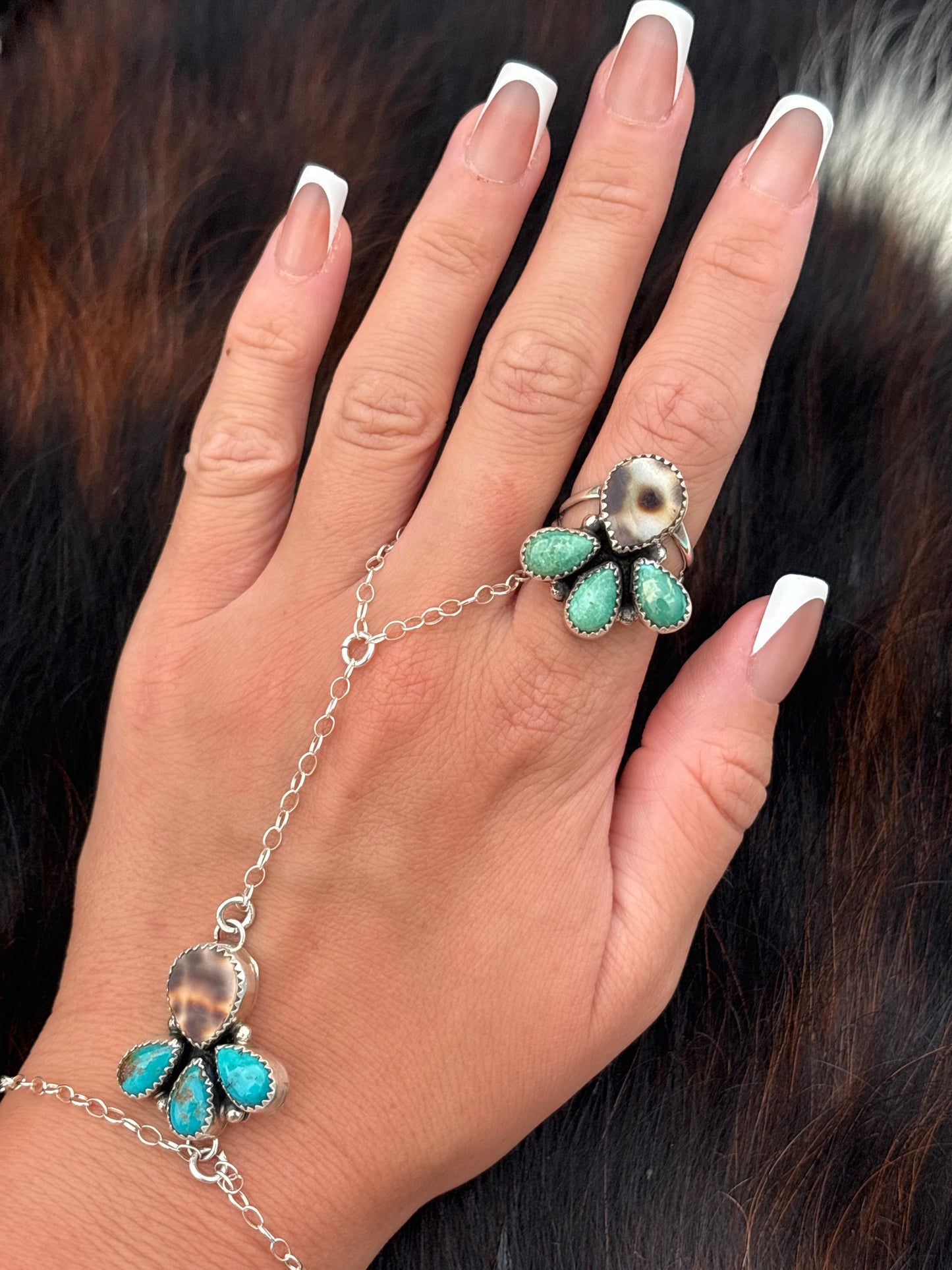 Native American, Hand-Made, Turquoise, Cowrie & Sterling Silver  Ring