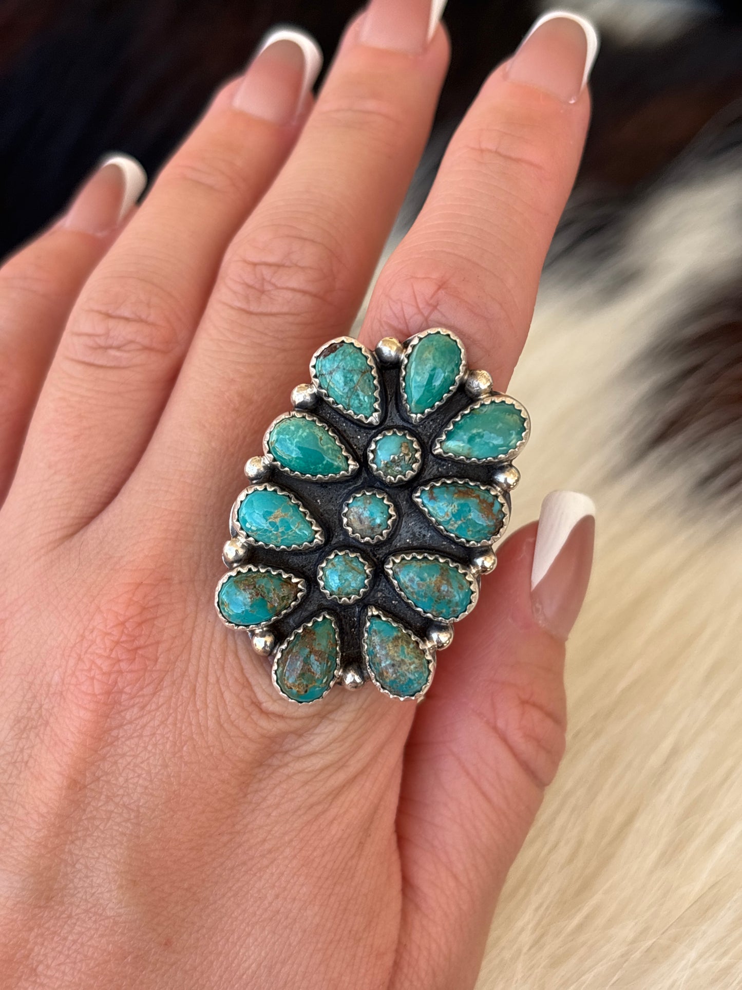 Native American, Hand-Made, Turquoise & Sterling Silver Cluster Ring