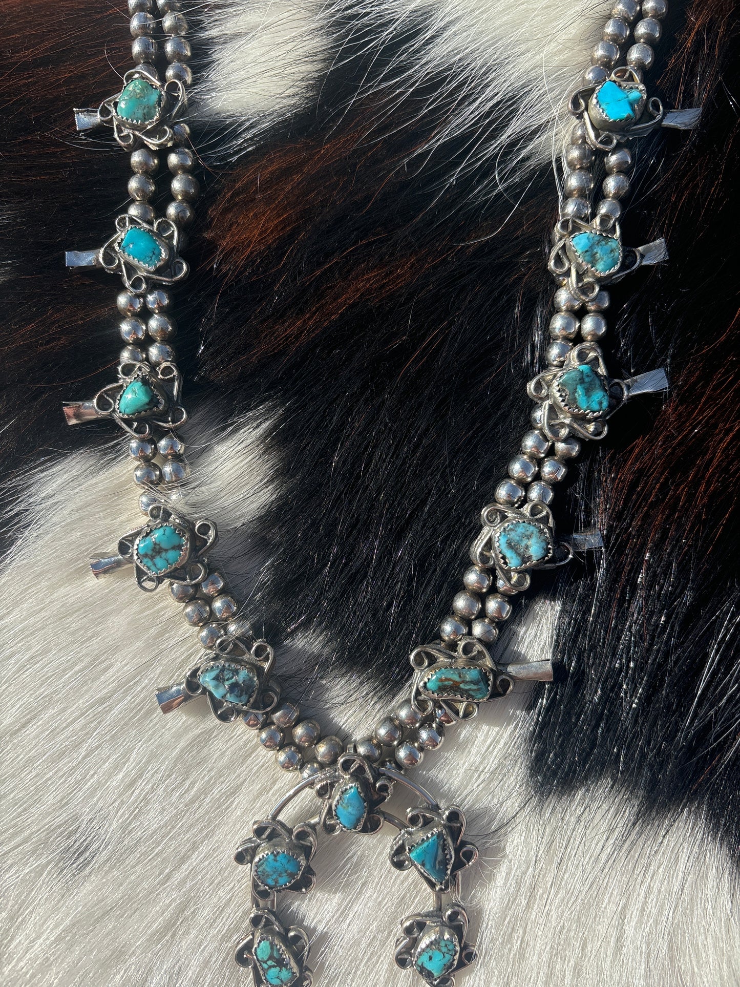 Native American, Handmade, Vintage Turquoise Squash Blossom Necklace