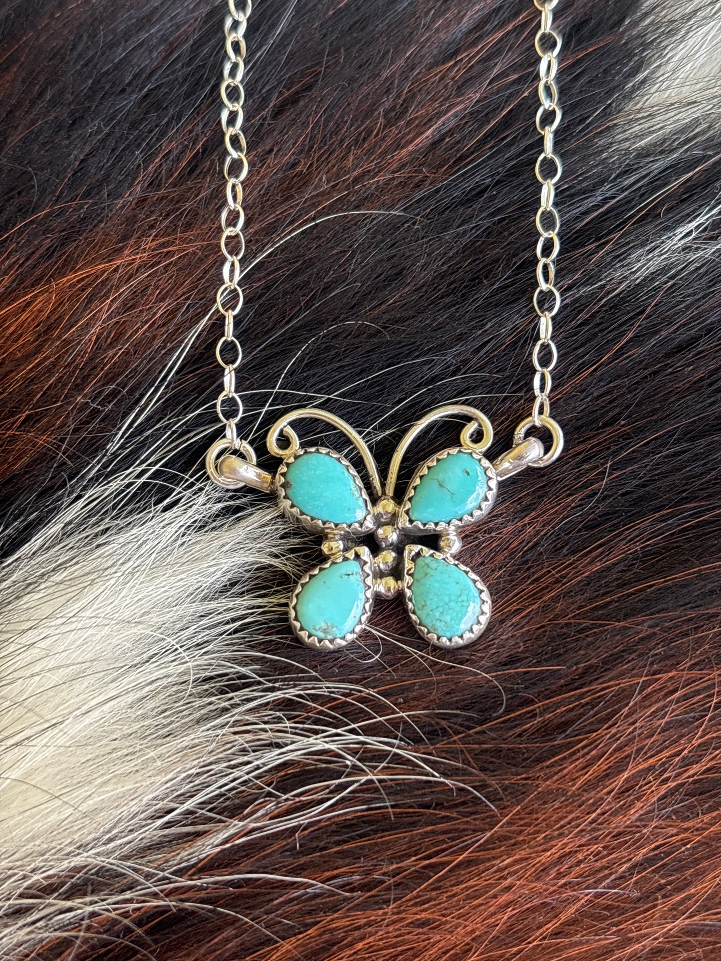 Native American, Hand-Made, Turquoise & Sterling Silver Butterfly Necklace