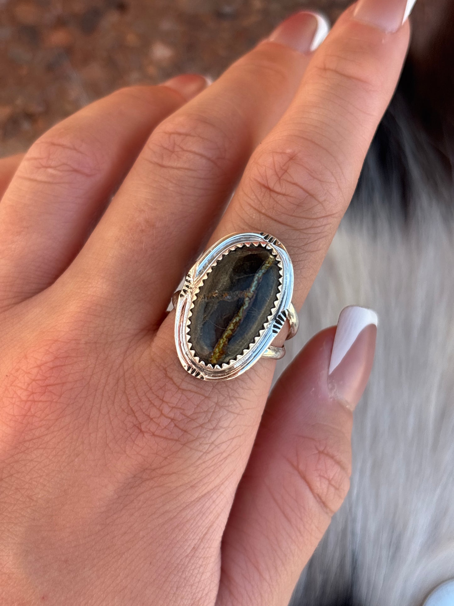Native American, Hand-Made, Blackjack Turquoise & Sterling Silver Ring