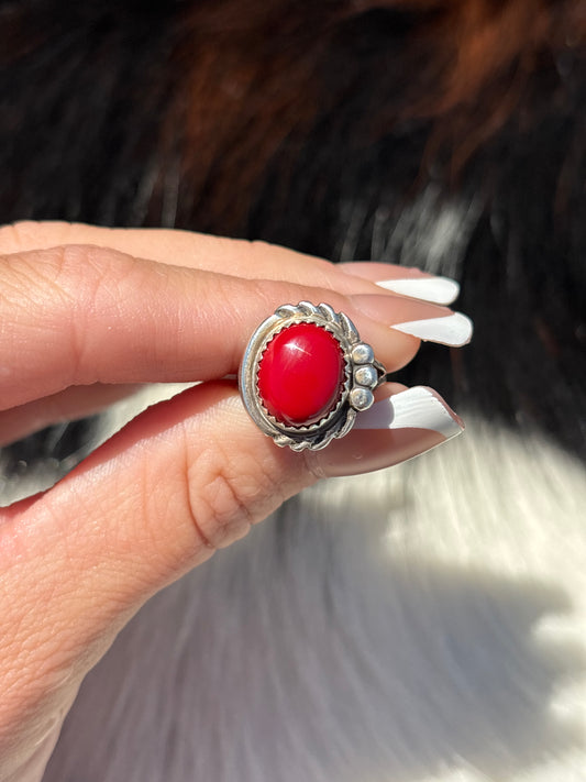 Native American, Hand-Made, Rosarita Red & Sterling Silver Ring