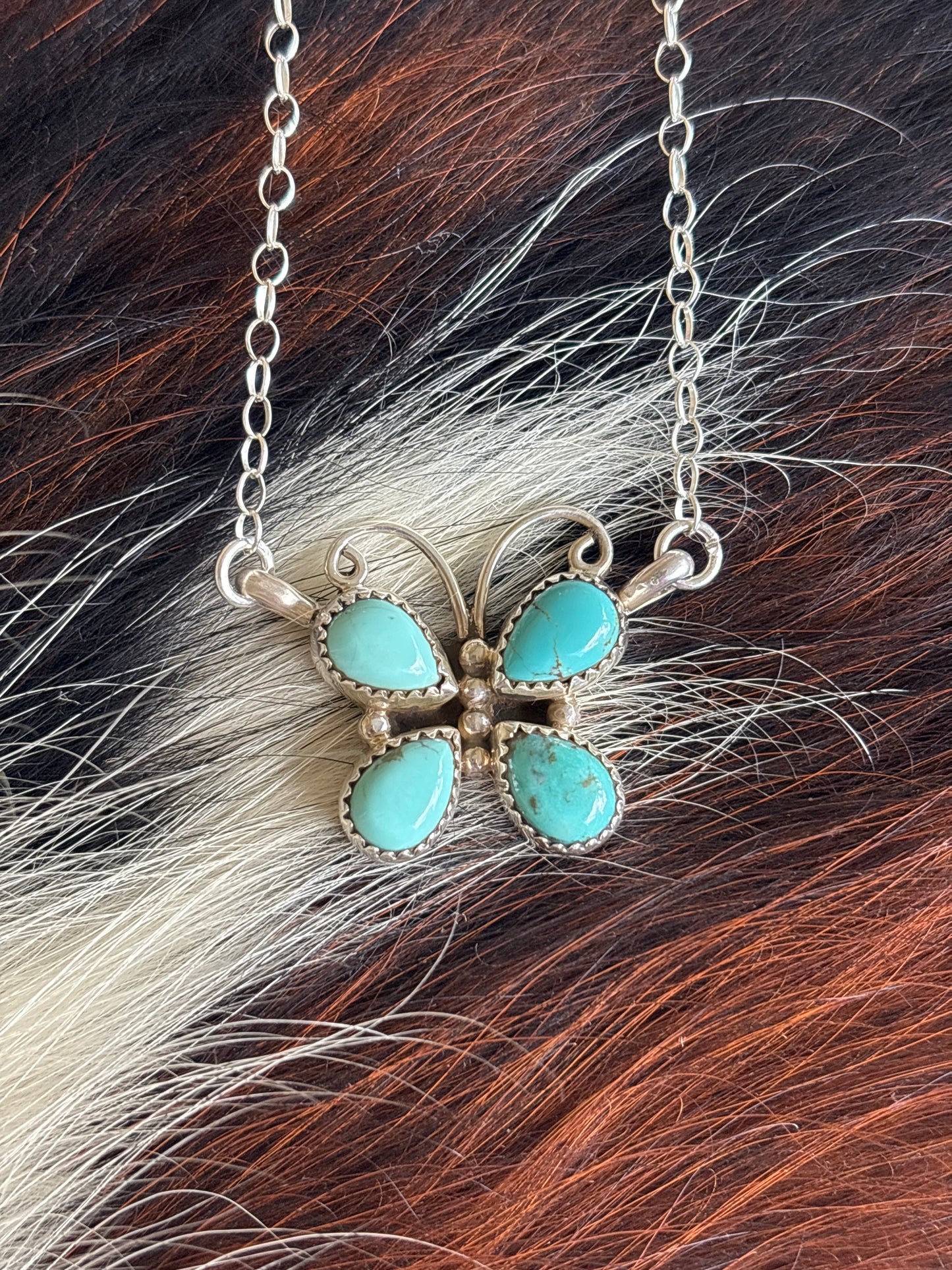 Native American, Hand-Made, Turquoise & Sterling Silver Butterfly Necklace