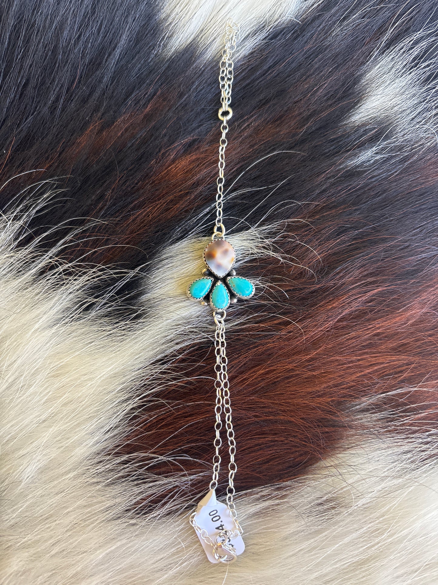 Native American, Handmade, Turquoise, Cowrie & Sterling Silver Hand Chain