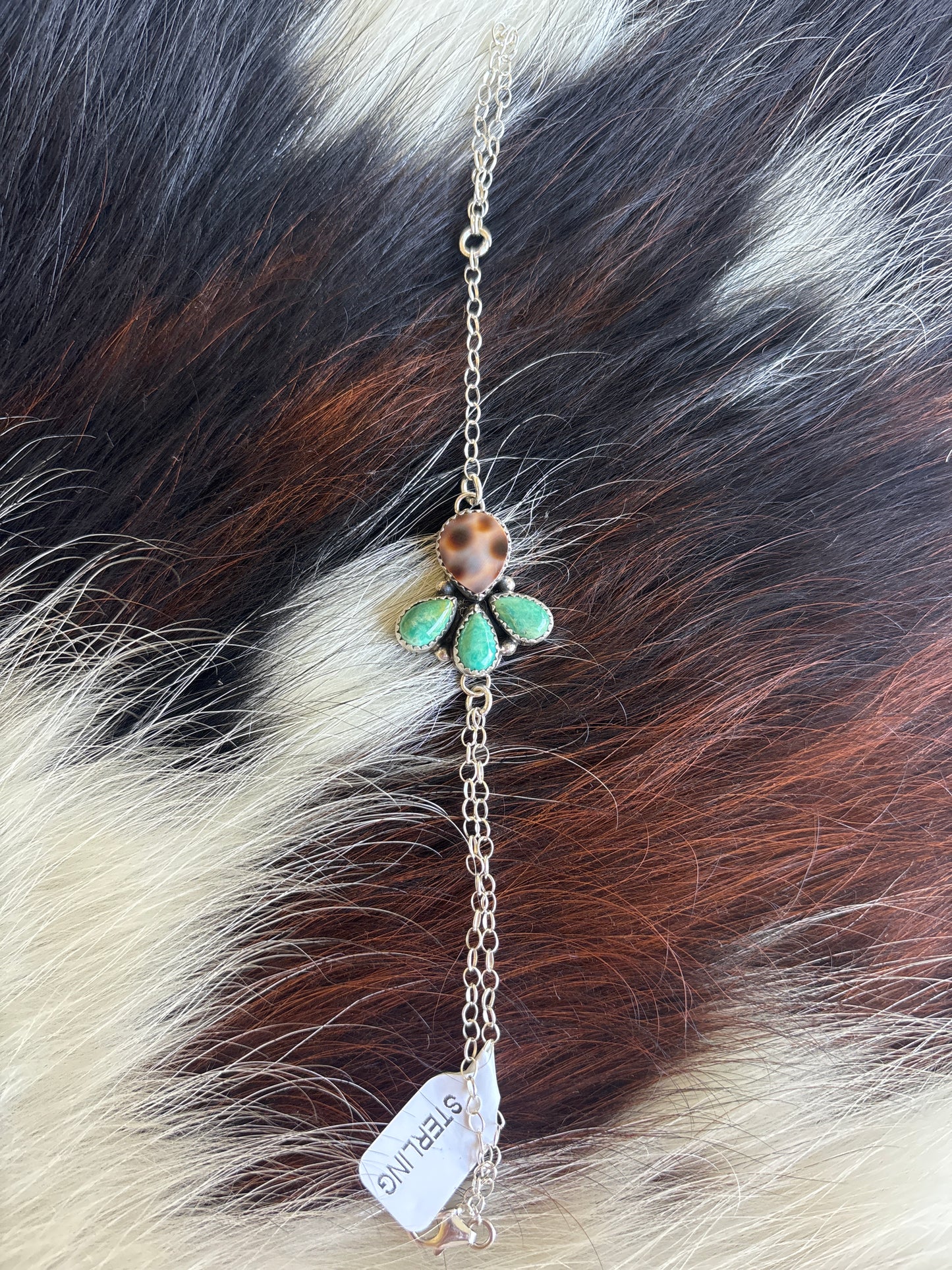 Native American, Handmade, Turquoise, Cowrie & Sterling Silver Hand Chain