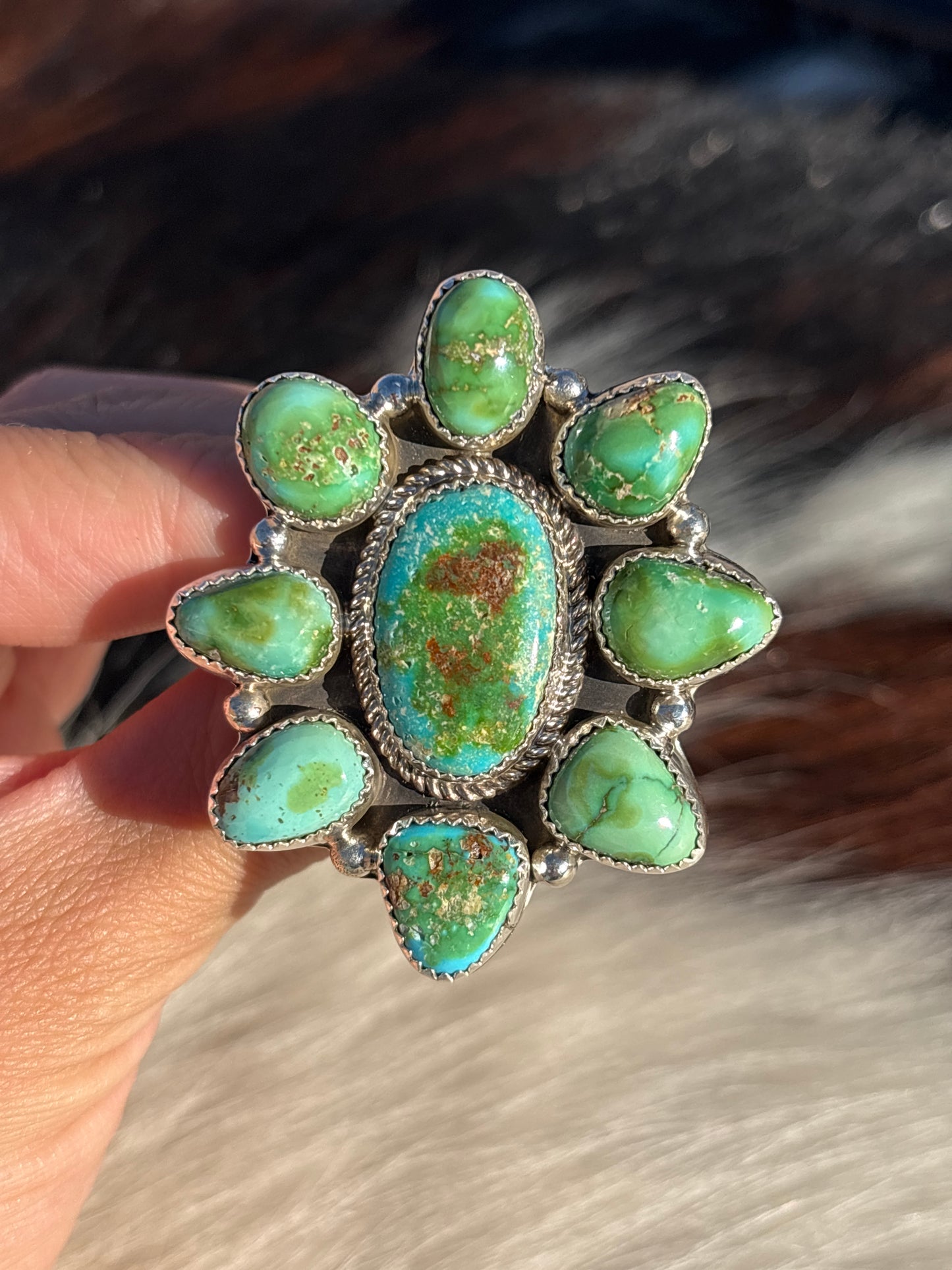 Native American, Hand-Made, Sierra Bella Turquoise & Sterling Silver Cluster Ring