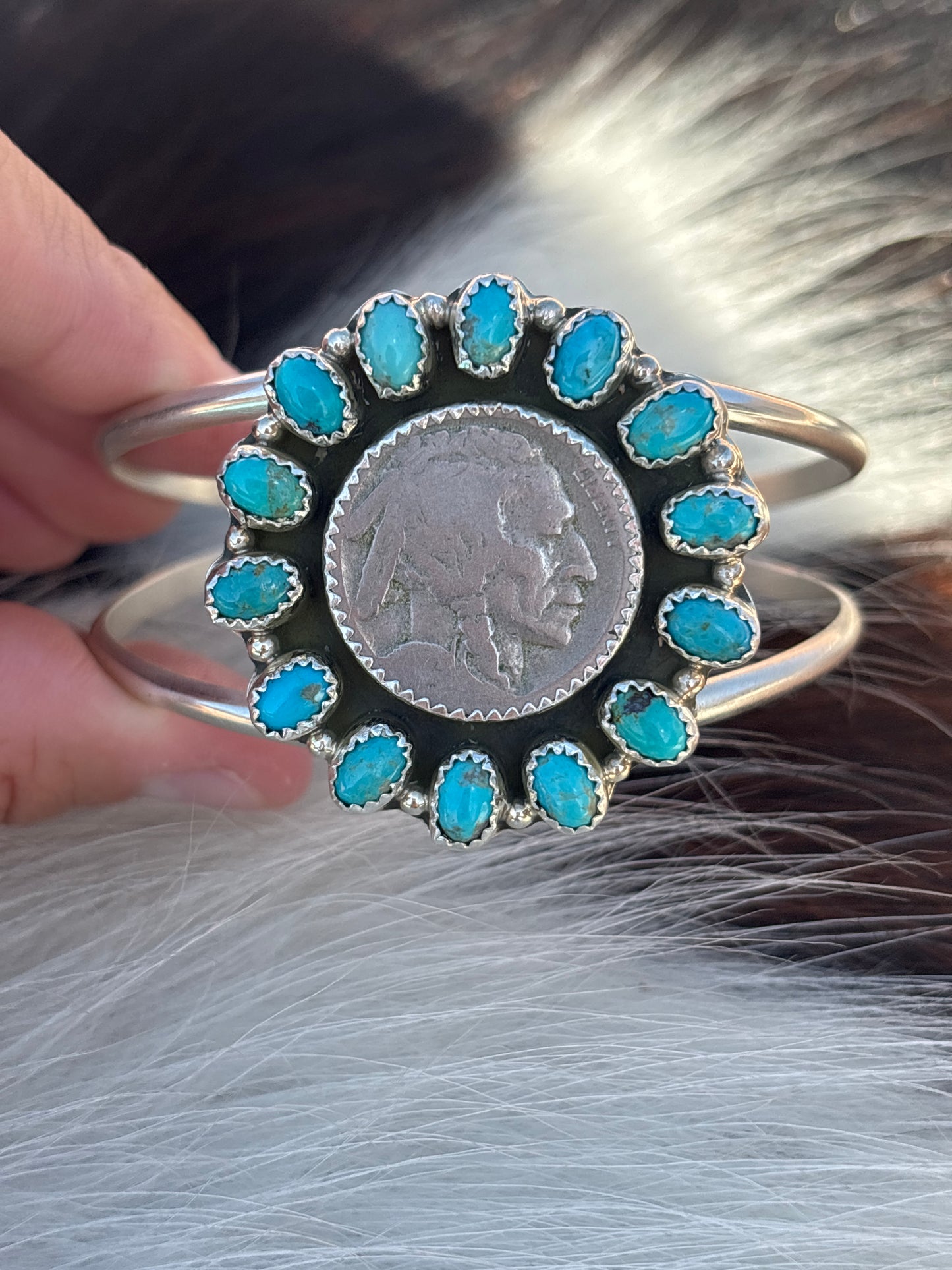 Native American, Handmade, Turquoise, Buffalo Nickel & Sterling Silver Cuff