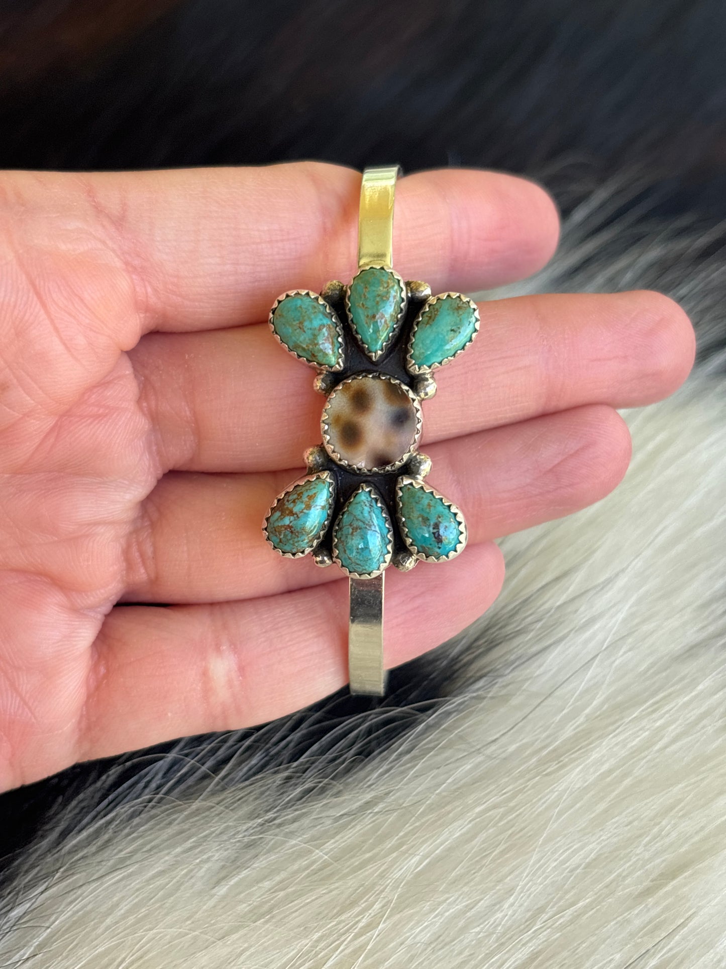 Native American, Handmade, Cowrie, Turquoise  & Sterling Silver Cuff