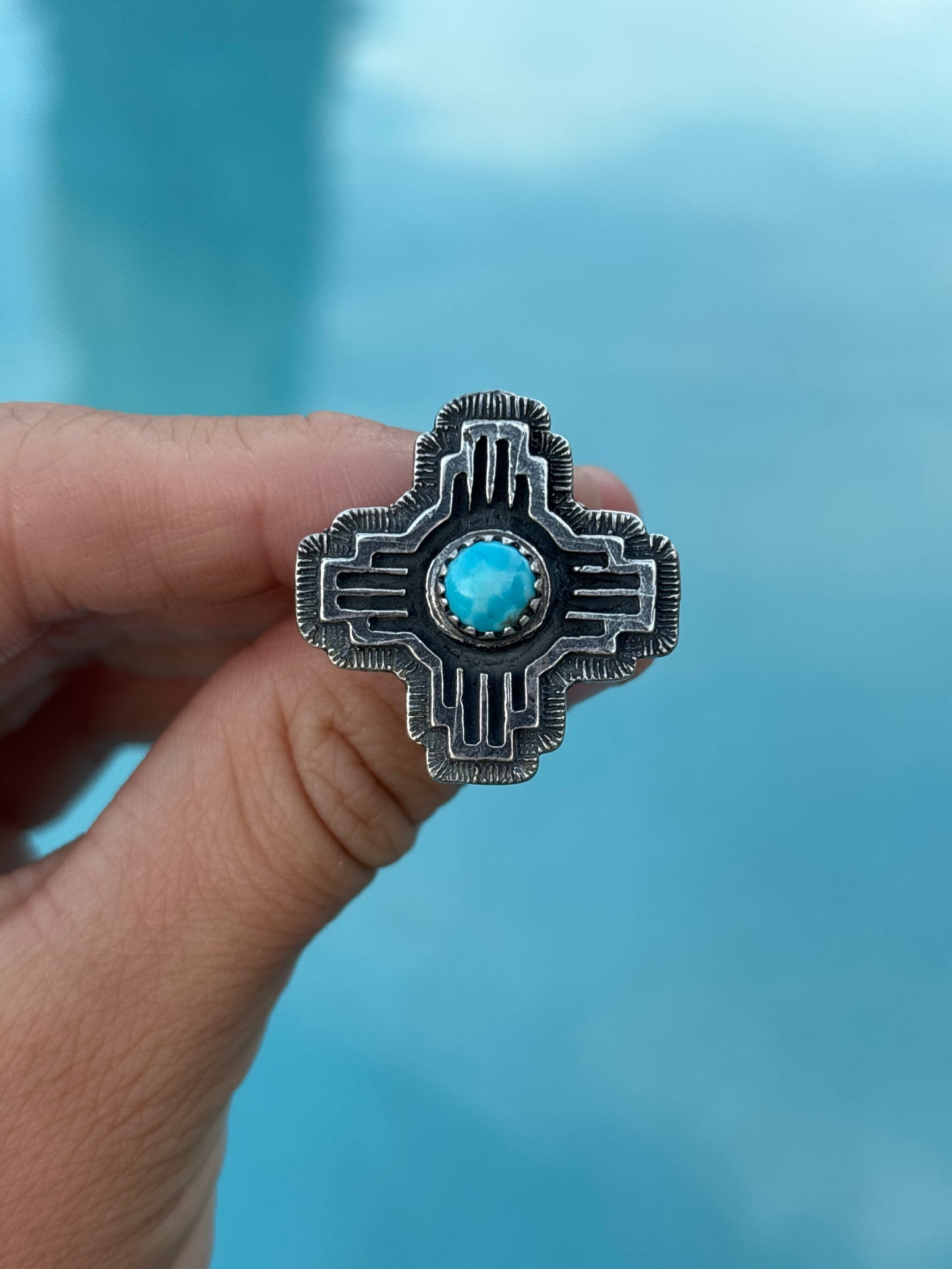 Native American, Hand-Made, Turquoise & Sterling Silver Zia Ring