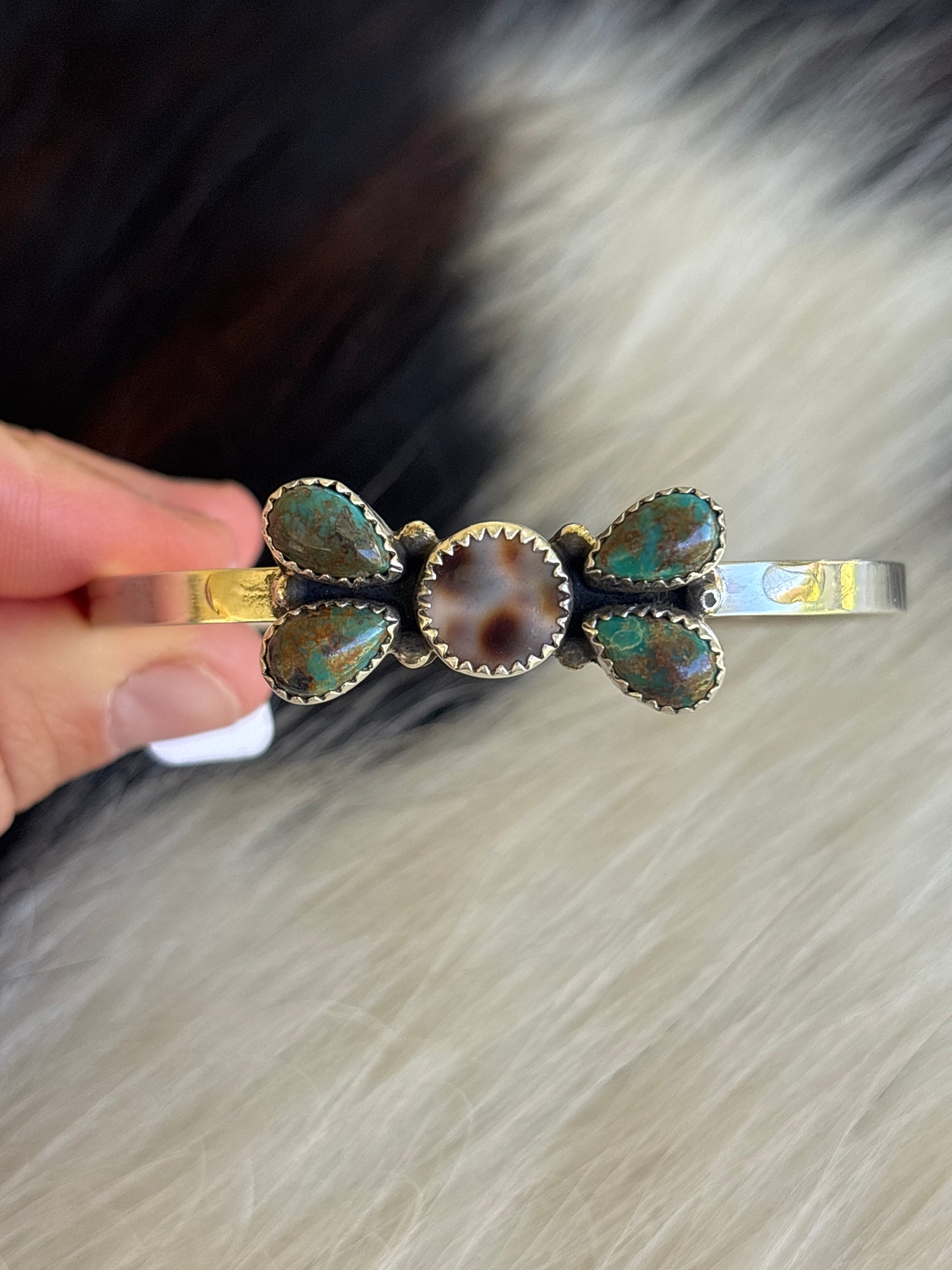 Native American, Handmade, Cowrie, Turquoise & Sterling Silver Cuff