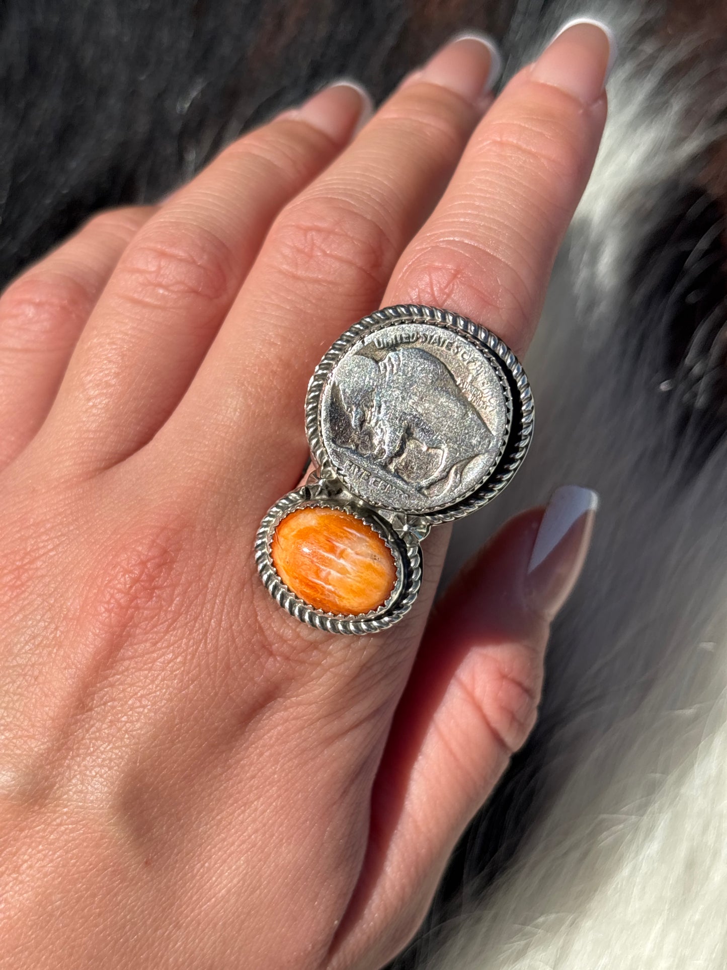 Native American, Hand-Made, Spiny Oyster, Buffalo Nickel & Sterling Silver Ring