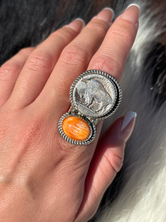 Native American, Hand-Made, Spiny Oyster, Buffalo Nickel & Sterling Silver Ring