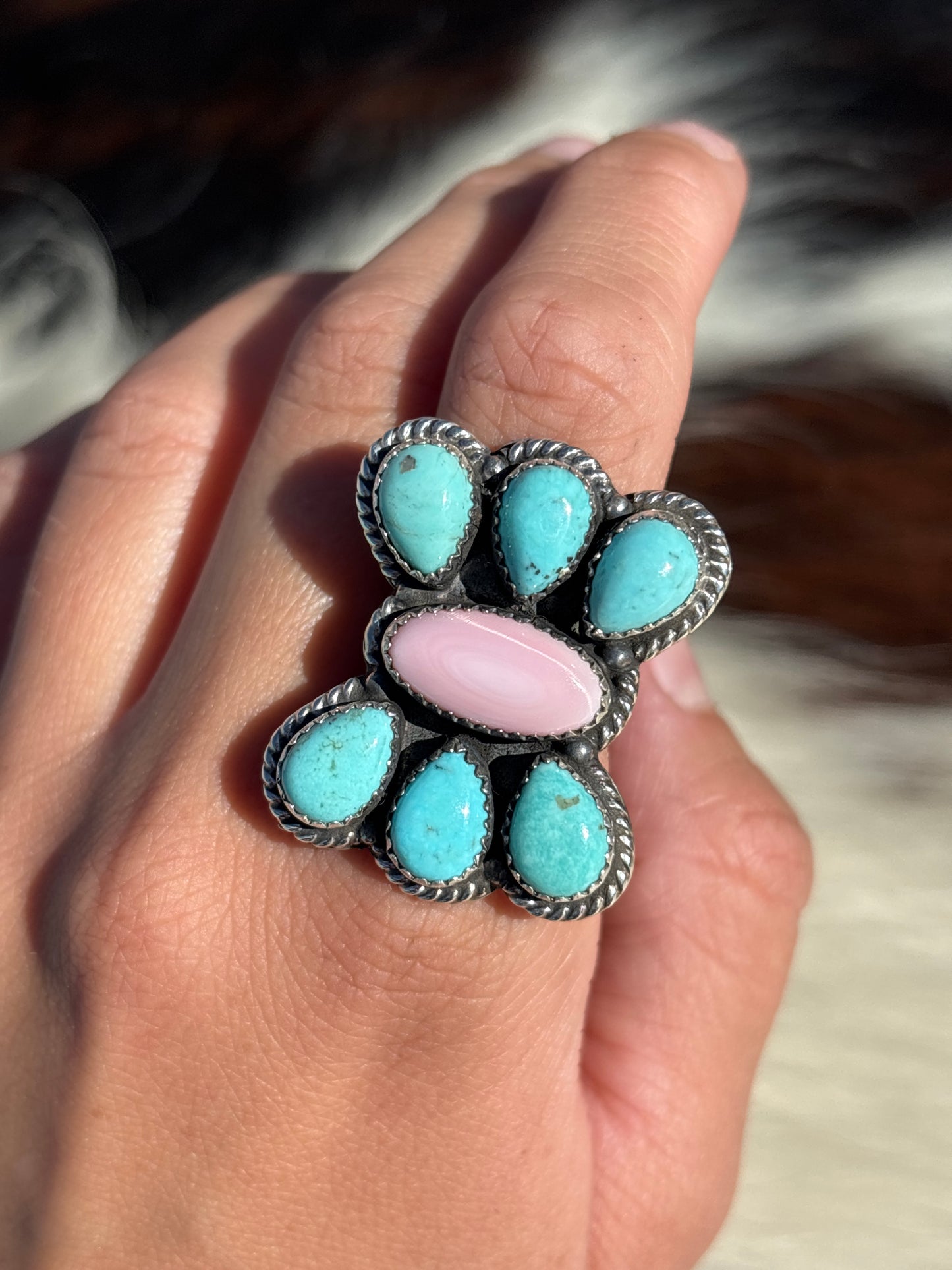 Native American, Hand-Made, Turquoise, Pink Conch & Sterling Silver Ring