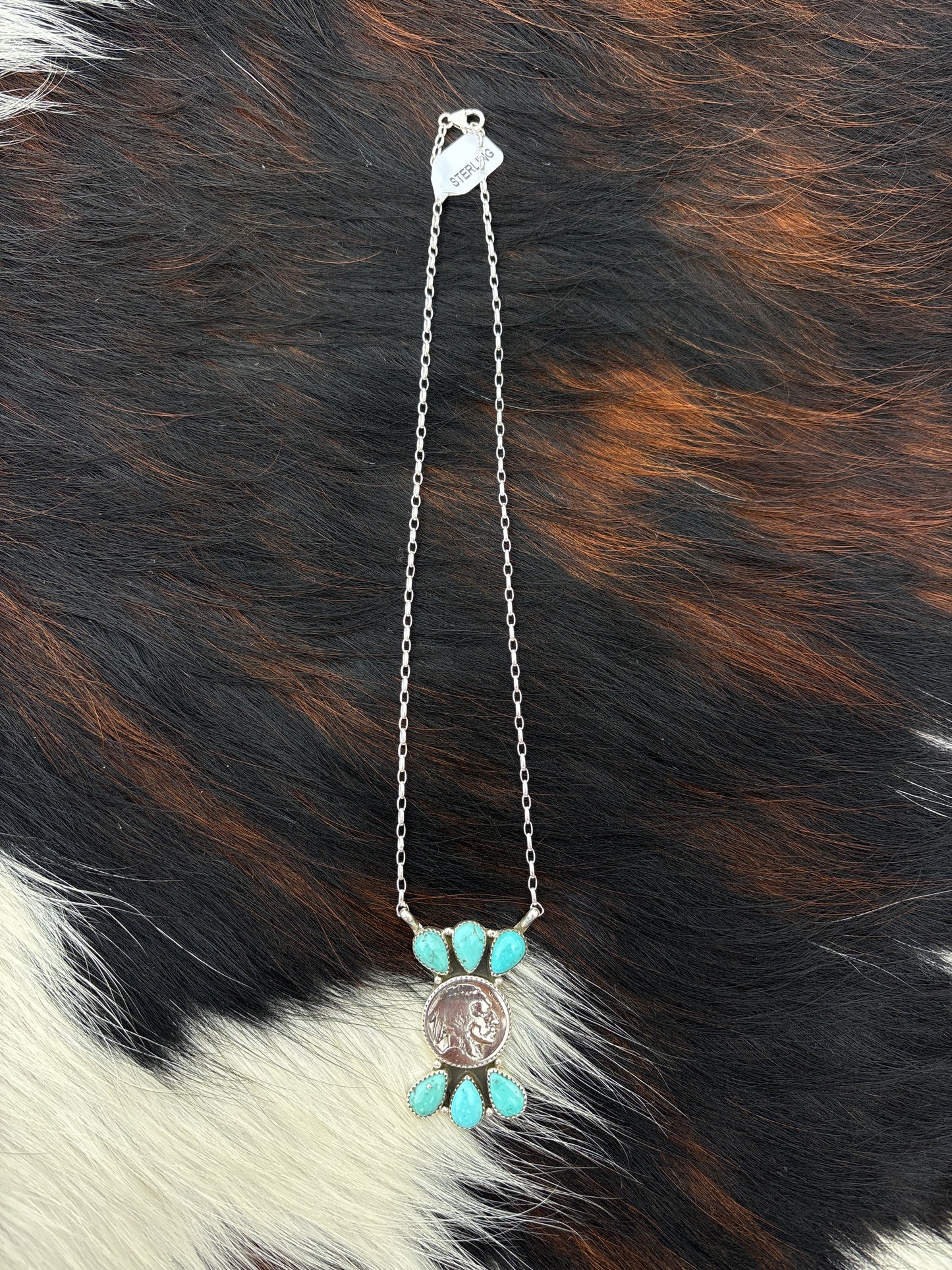 Native American, Hand-Made, Buffalo Nickel, Turquoise & Sterling Silver Necklace