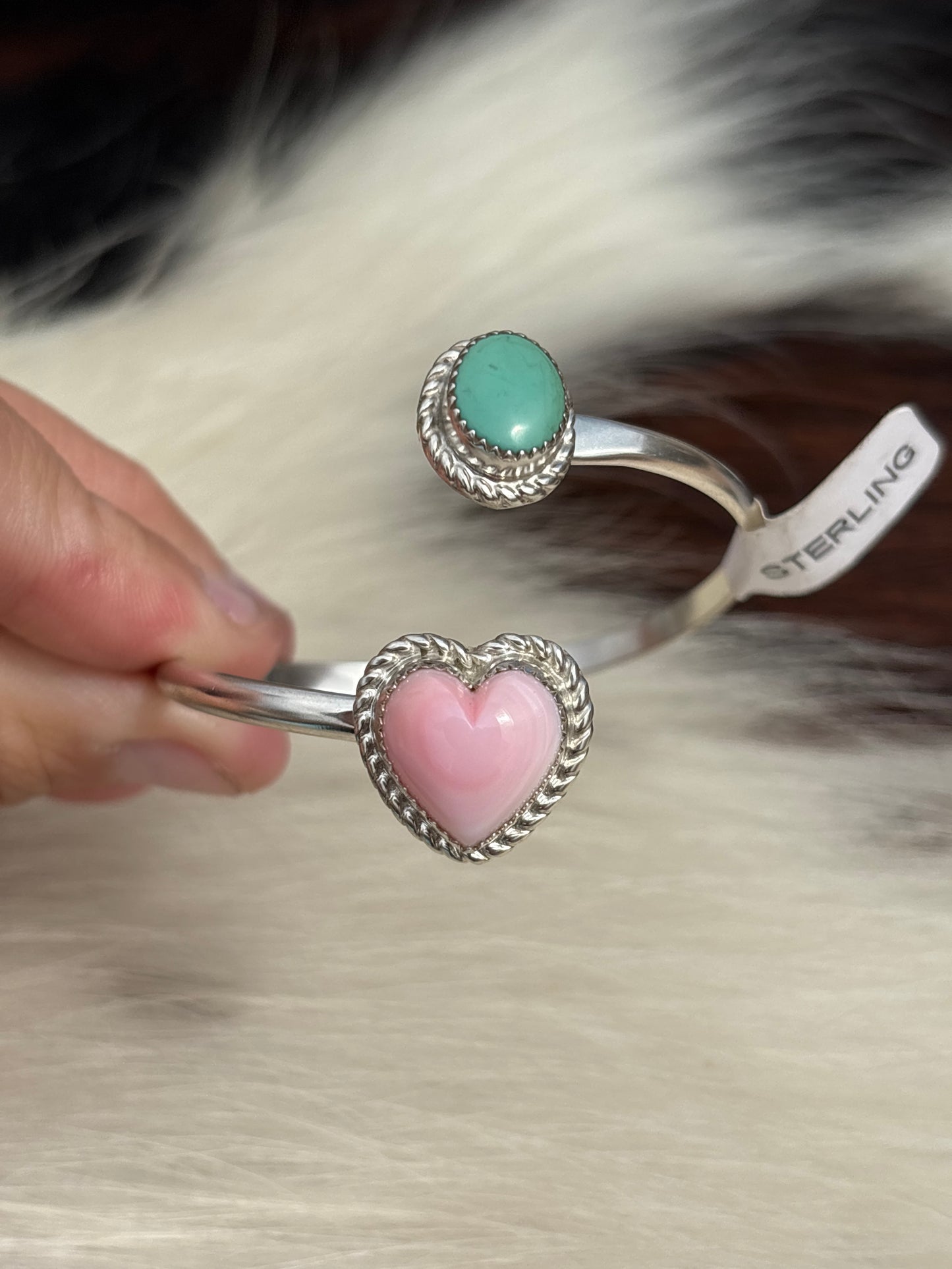 Native American, Handmade, Turquoise, Pink Conch & Sterling Silver Adjustable Cuff