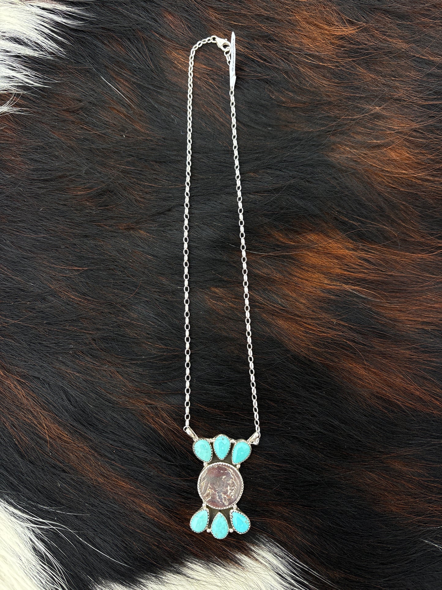 Native American, Hand-Made, Buffalo Nickel, Turquoise & Sterling Silver Necklace