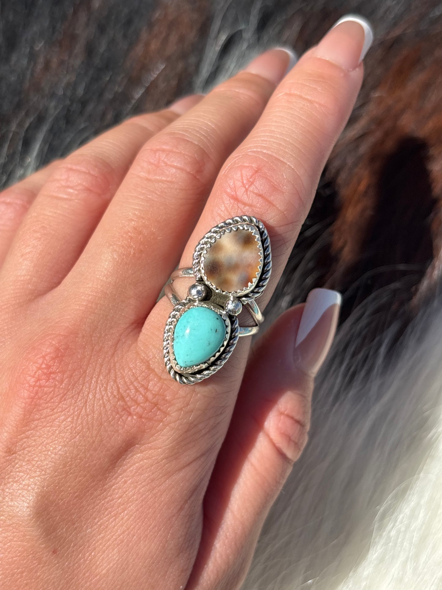 Native American, Hand-Made, Turquoise, Cowrie & Sterling Silver  Ring