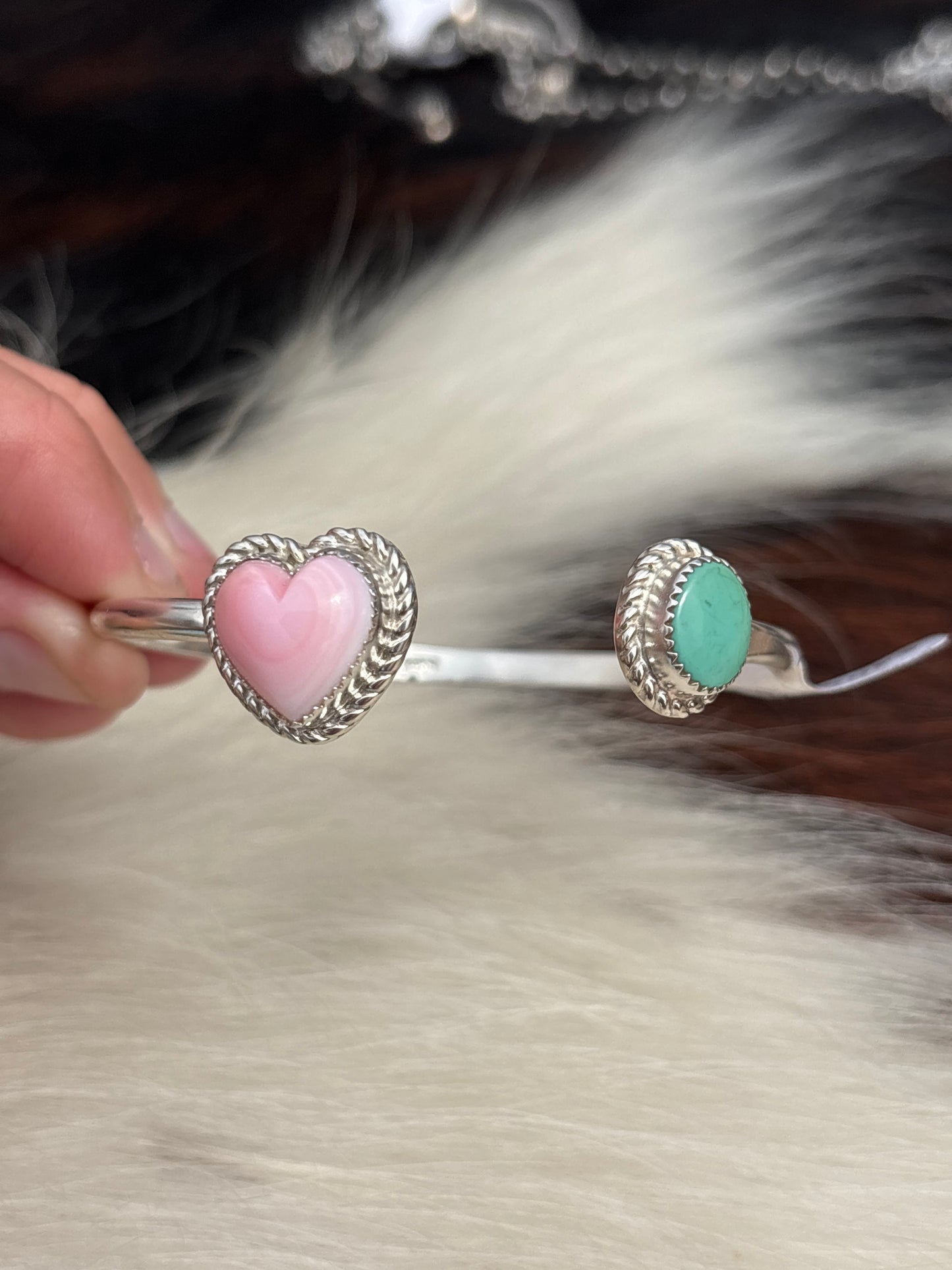 Native American, Handmade, Turquoise, Pink Conch & Sterling Silver Adjustable Cuff