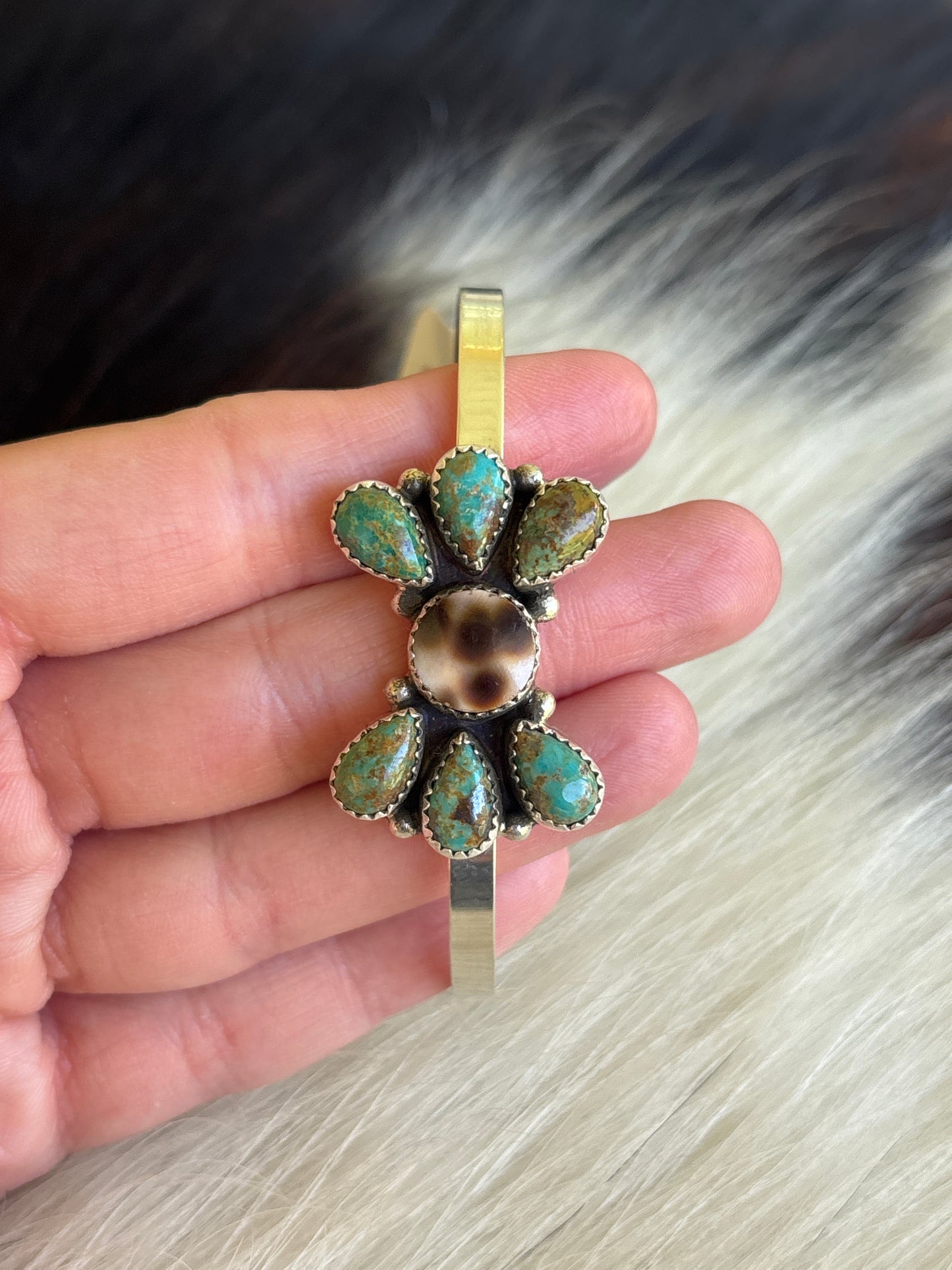 Native American, Handmade, Cowrie, Turquoise & Sterling Silver Cuff