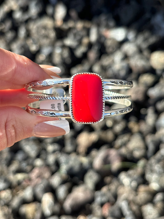 Native American, Handmade, Rosarita Red & Sterling Silver Cuff
