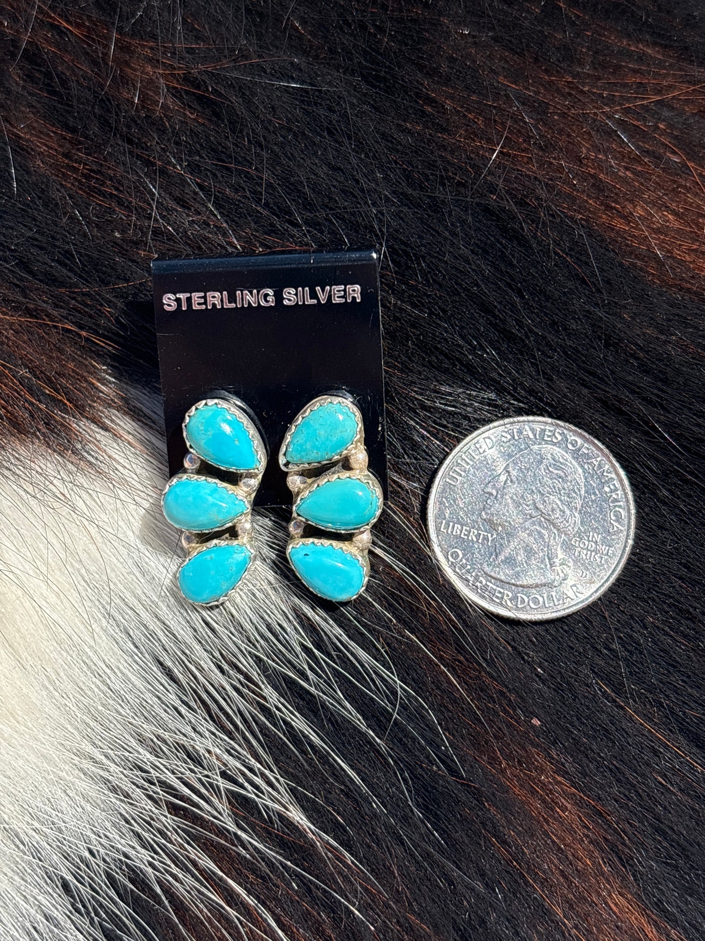 Native Made, Turquoise & Sterling Silver Cluster Earrings