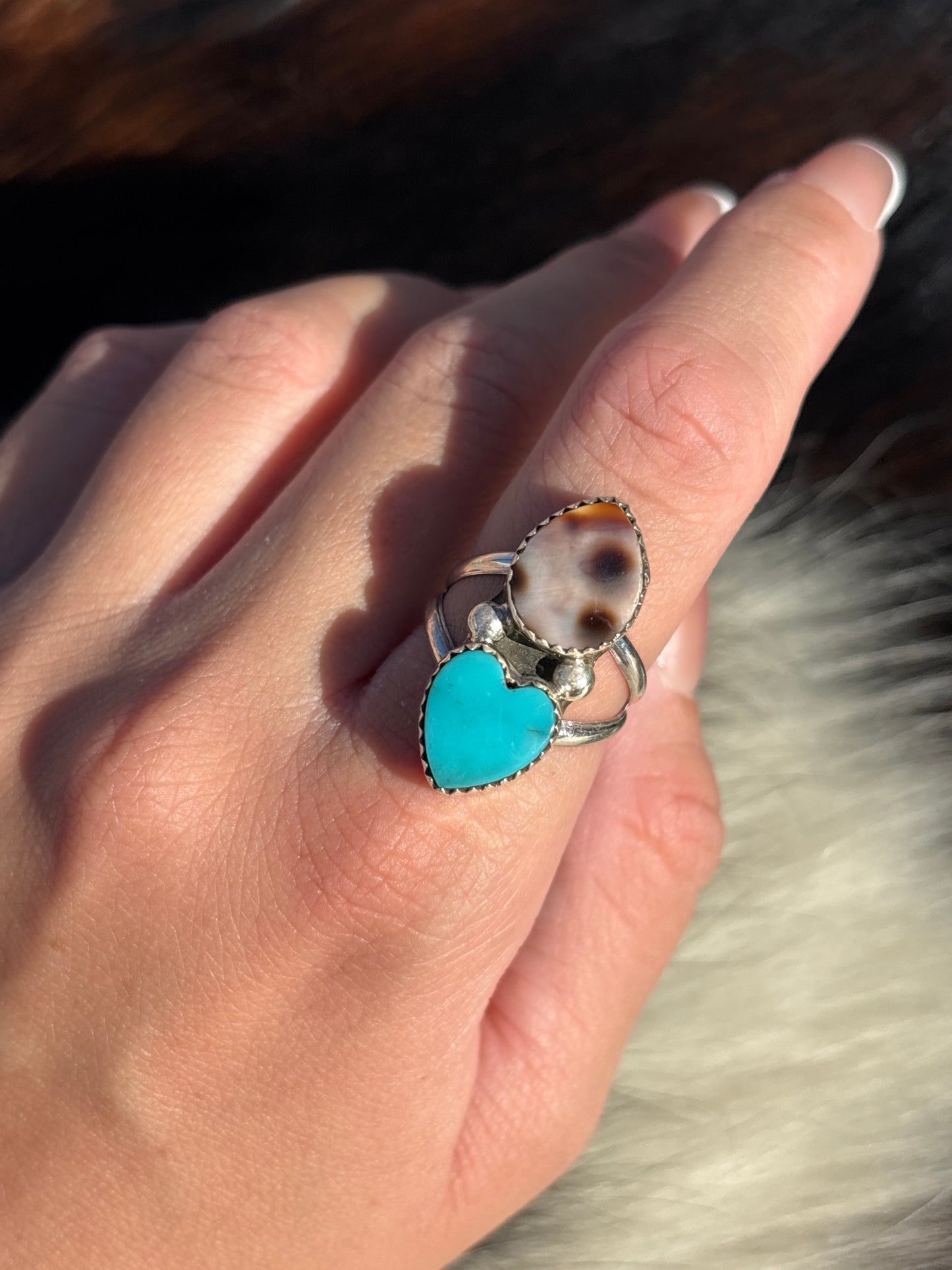 Native American, Hand-Made, Turquoise, Cowrie & Sterling Silver  Ring