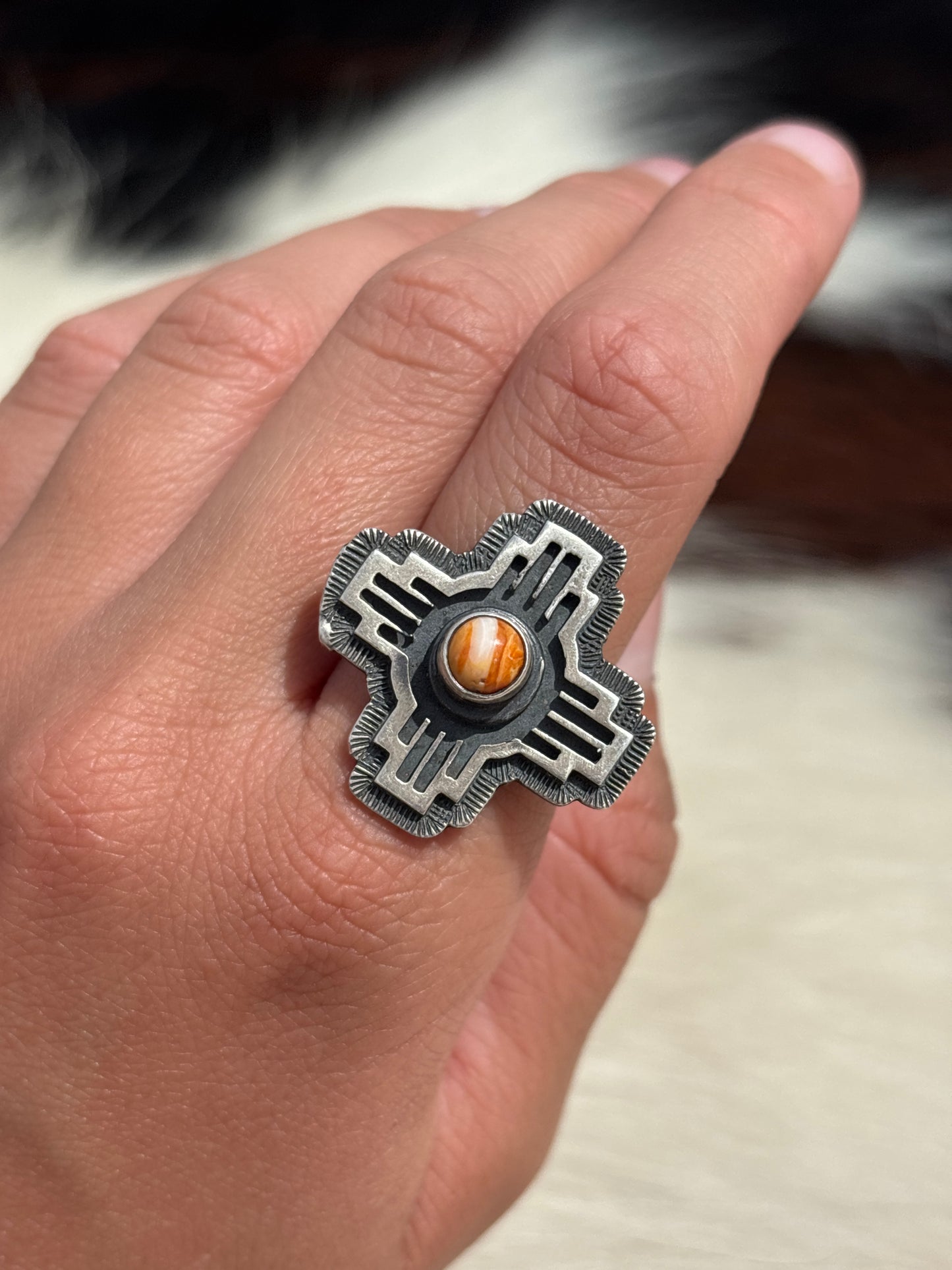 Native American, Hand-Made, Turquoise & Sterling Silver Zia Ring