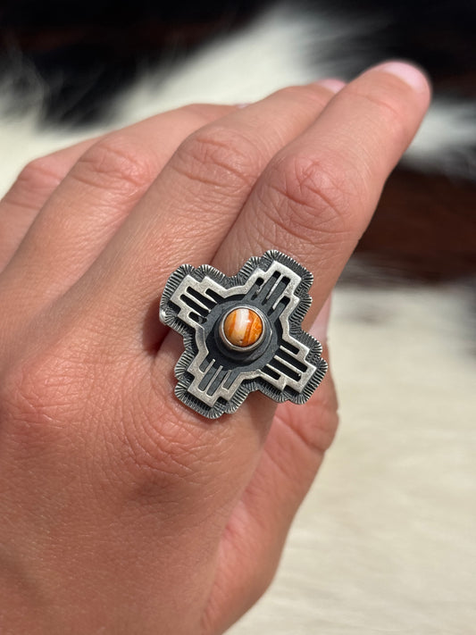 Native American, Hand-Made, Turquoise & Sterling Silver Zia Ring