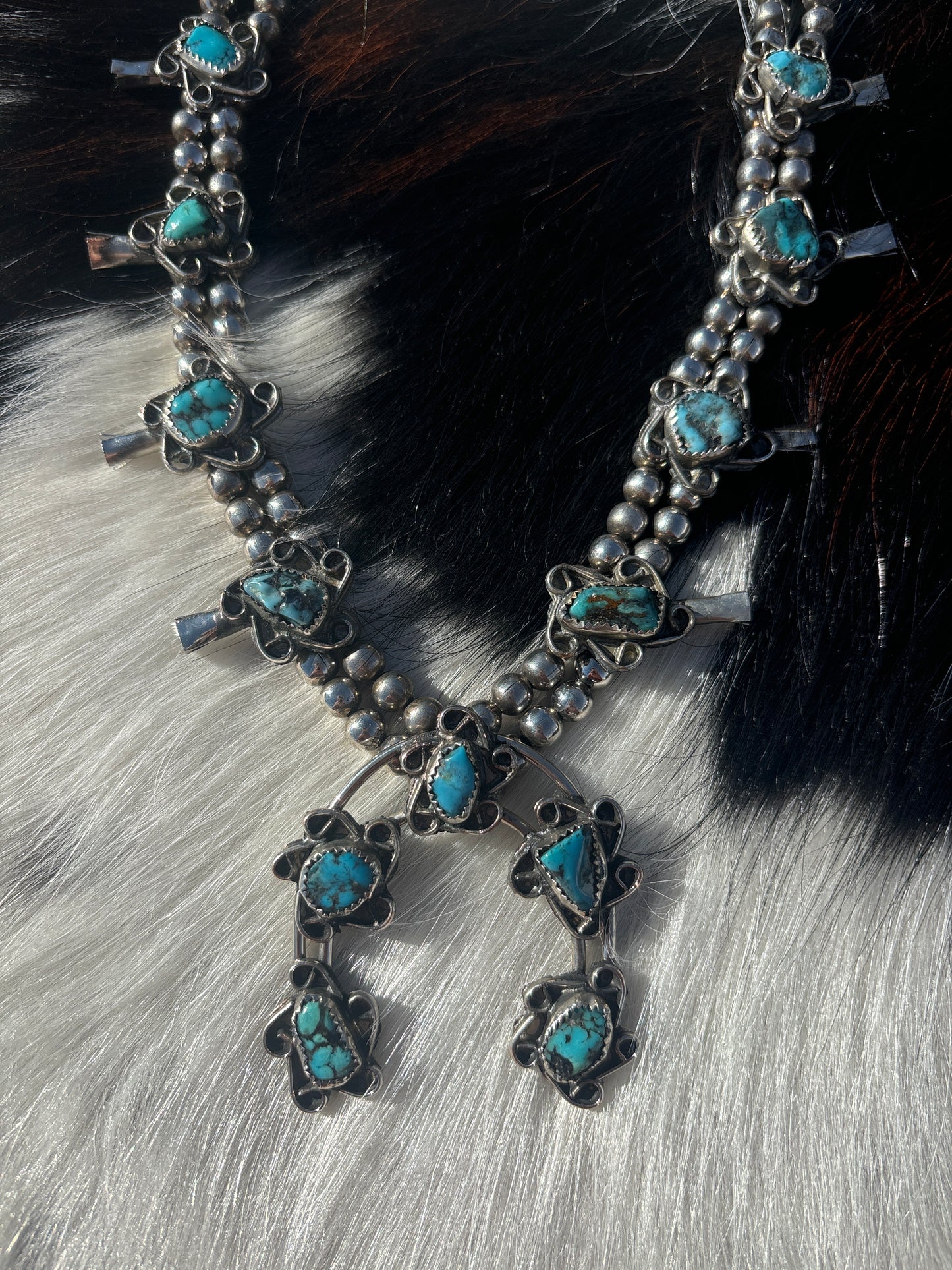 Native American, Handmade, Vintage Turquoise Squash Blossom Necklace