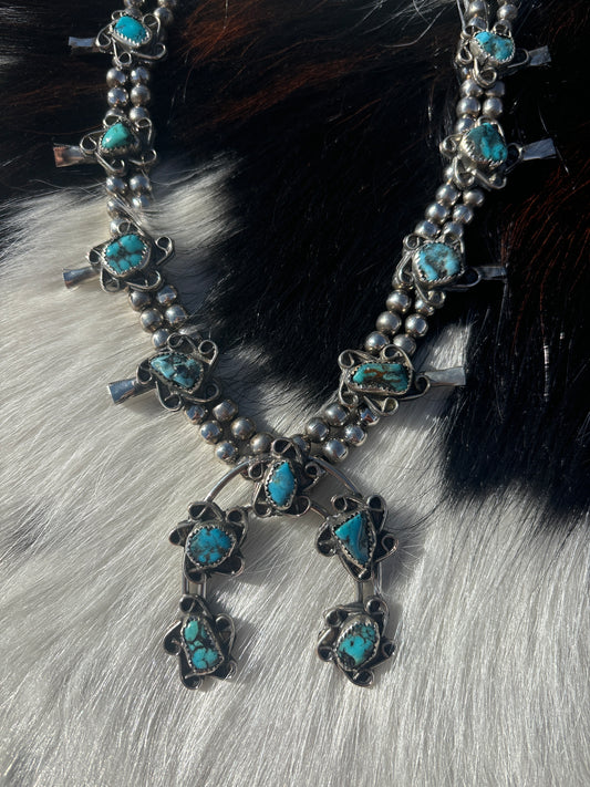Native American, Handmade, Vintage Turquoise Squash Blossom Necklace