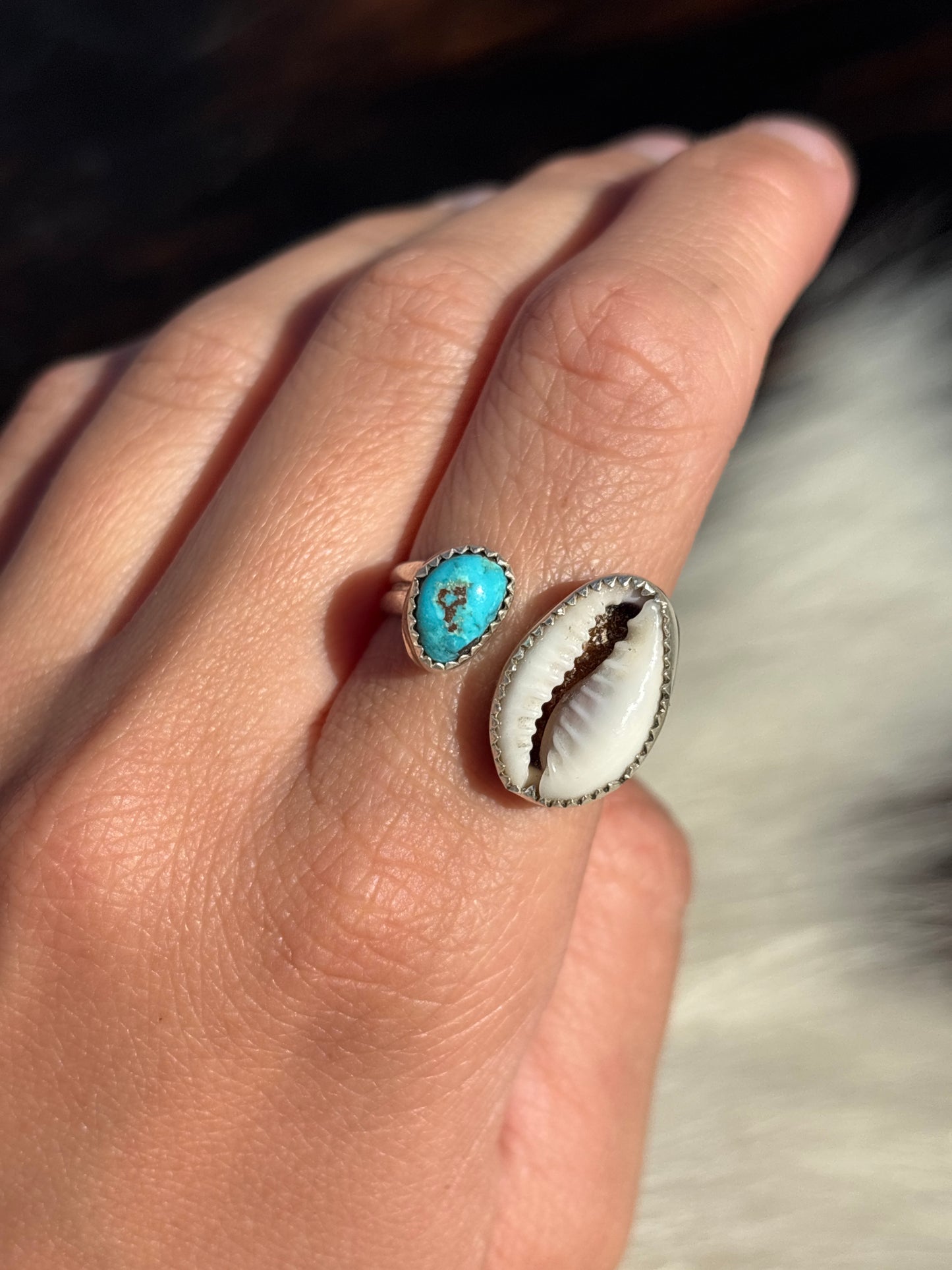 Native American, Hand-Made, Turquoise, Cowrie, & Sterling Silver Ring