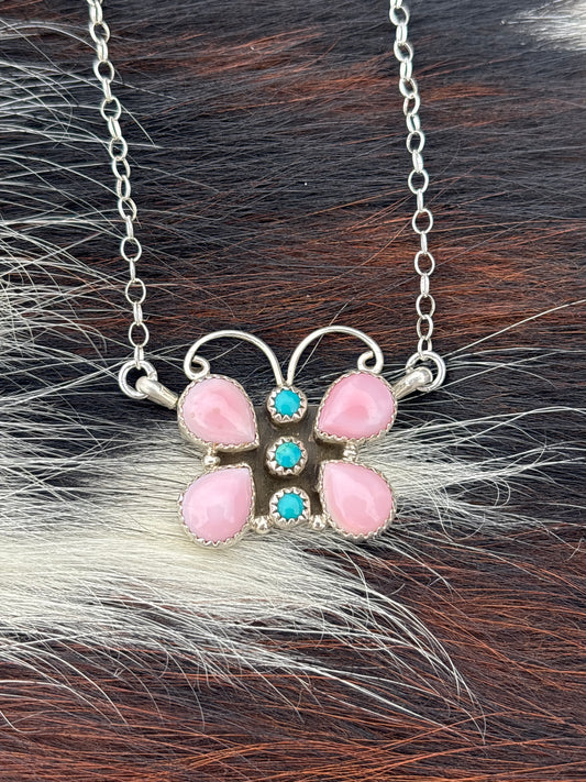 Native American, Hand-Made, Pink Conch, Turquoise & Sterling Silver Butterfly Necklace