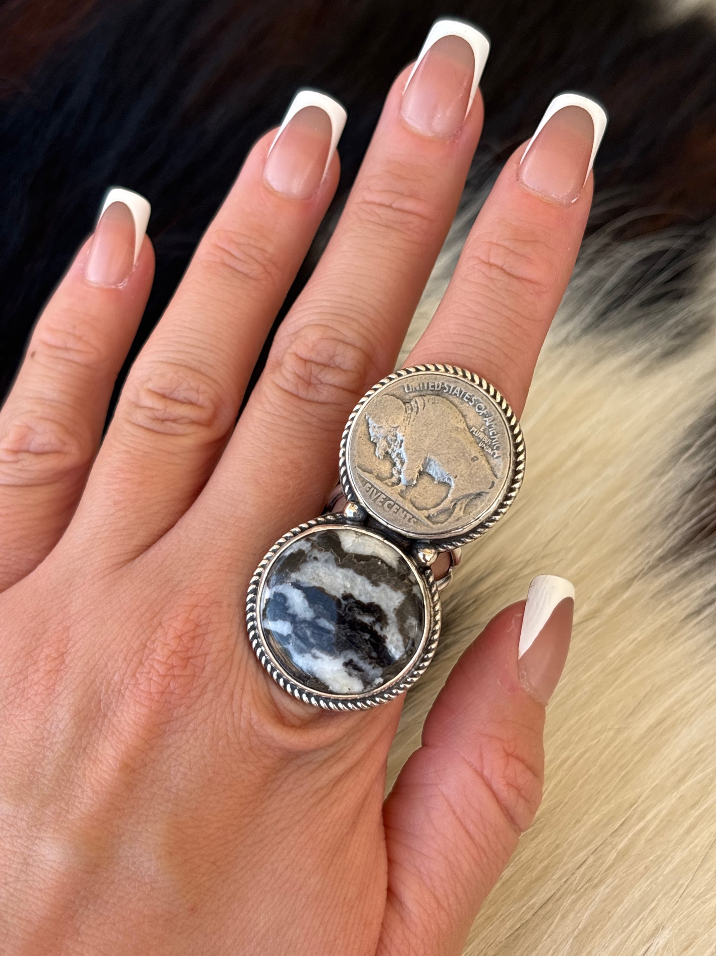 Native American, Hand-Made, Zebra Jasper, Buffalo Nickel & Sterling Silver Ring