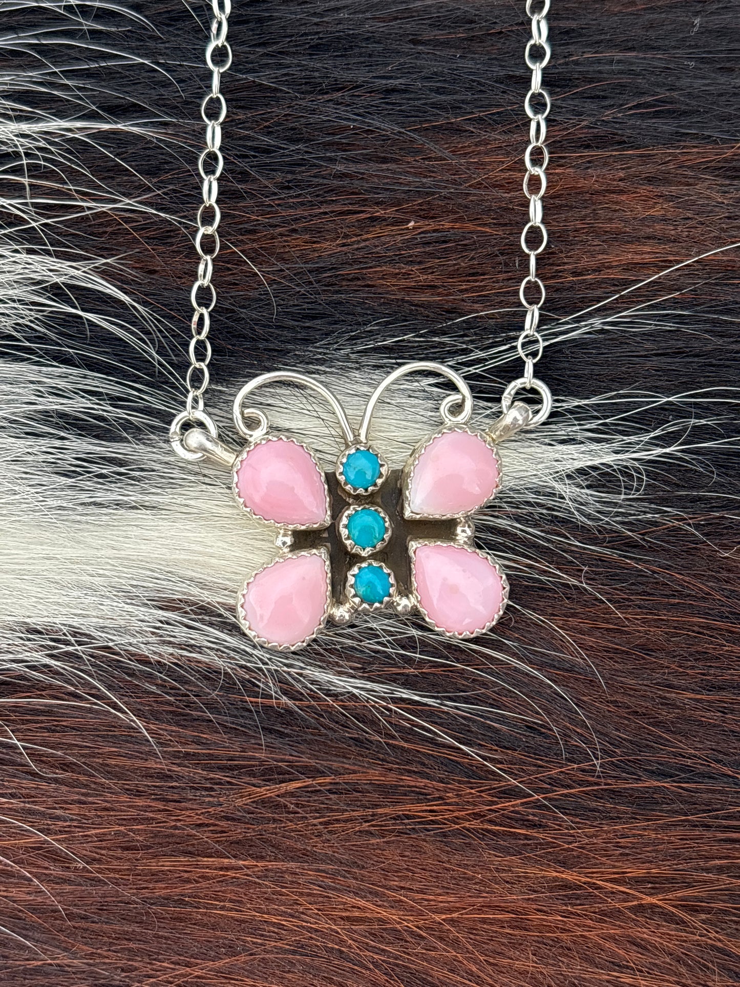 Native American, Hand-Made, Pink Conch, Turquoise & Sterling Silver Butterfly Necklace