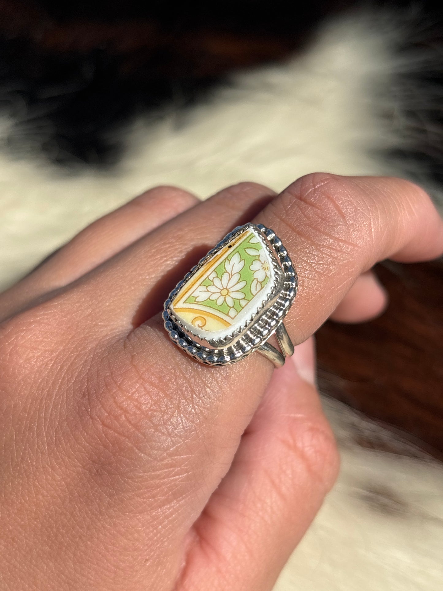Native American, Hand-Made, Porcelain & Sterling Silver Ring