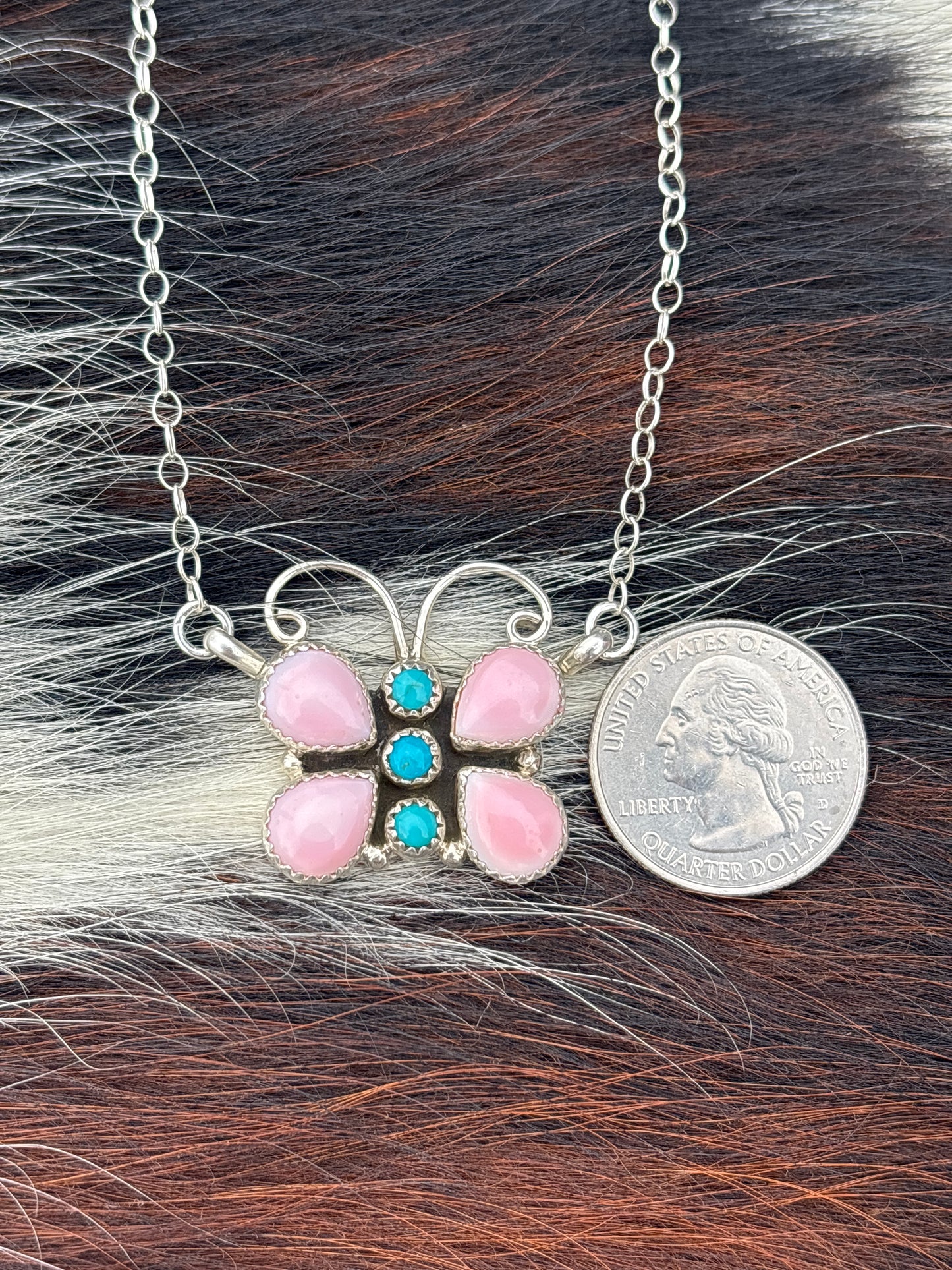 Native American, Hand-Made, Pink Conch, Turquoise & Sterling Silver Butterfly Necklace