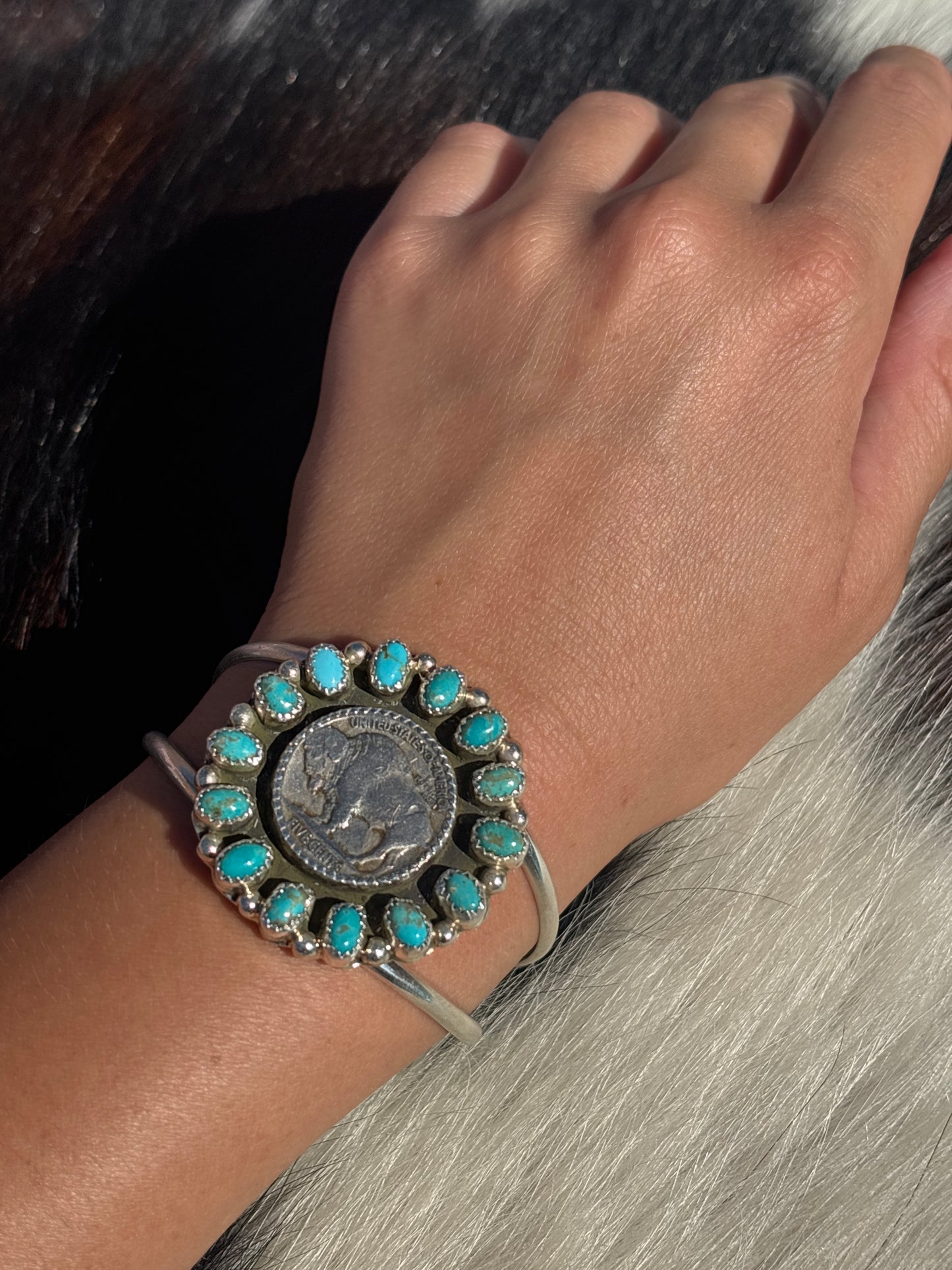 Native American, Handmade, Turquoise, Buffalo Nickel & Sterling Silver Cuff