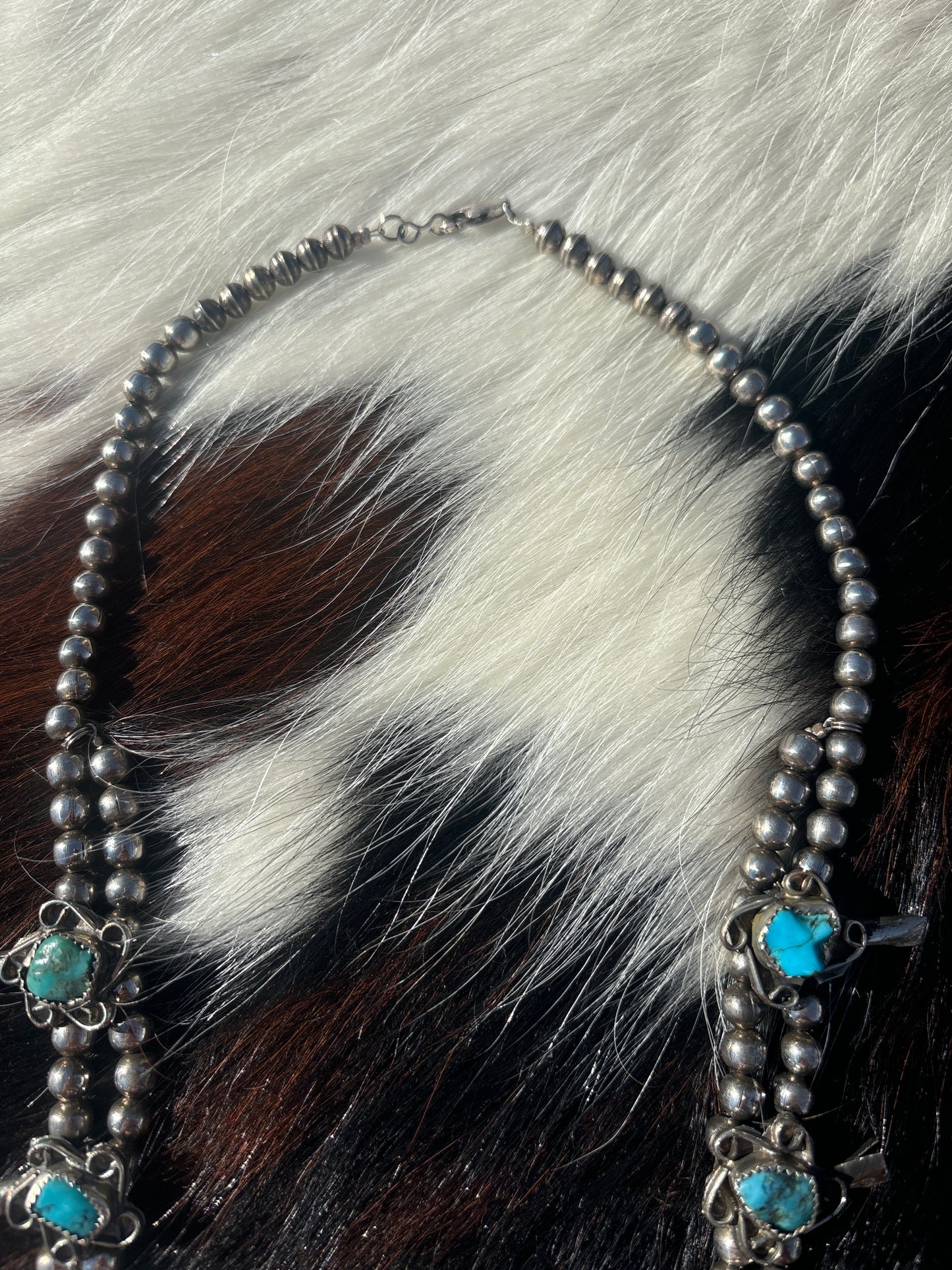 Native American, Handmade, Vintage Turquoise Squash Blossom Necklace