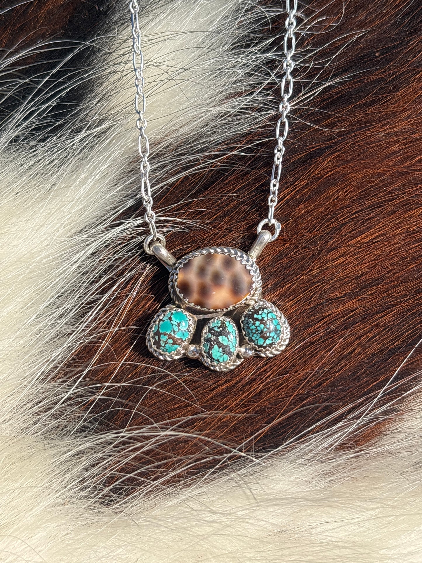 Native American, Hand-Made, Cowrie, Turquoise & Sterling Silver Necklace