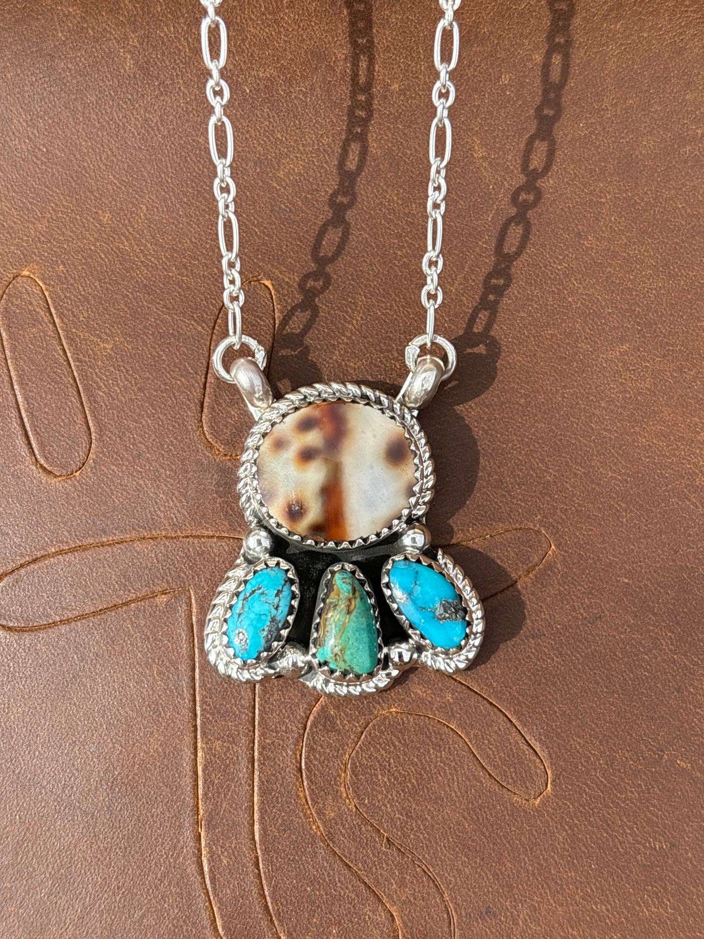 Native American, Hand-Made, Cowrie, Turquoise & Sterling Silver Necklace