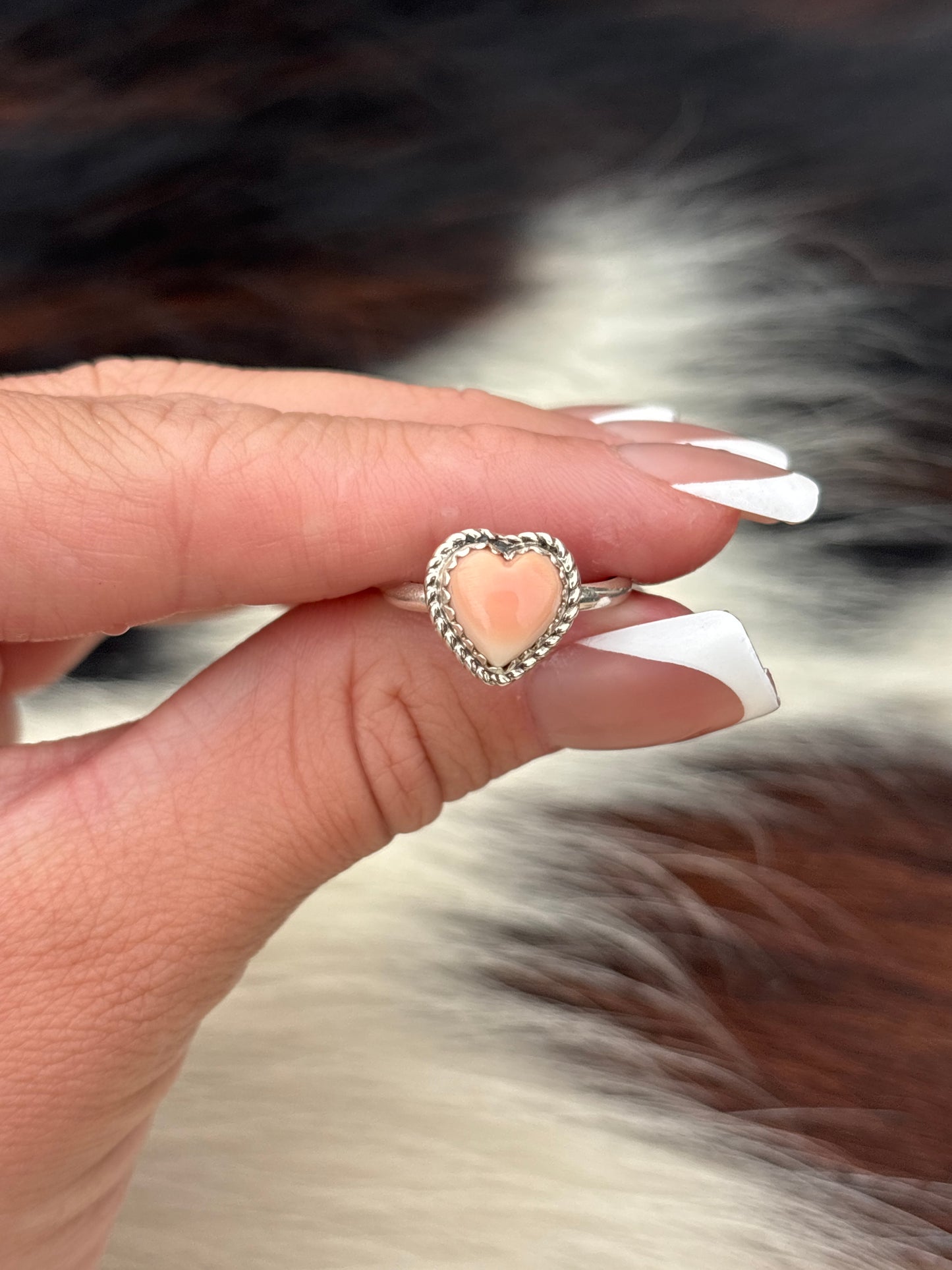 Native American, Hand-Made, Pink Conch & Sterling Silver Heart Ring