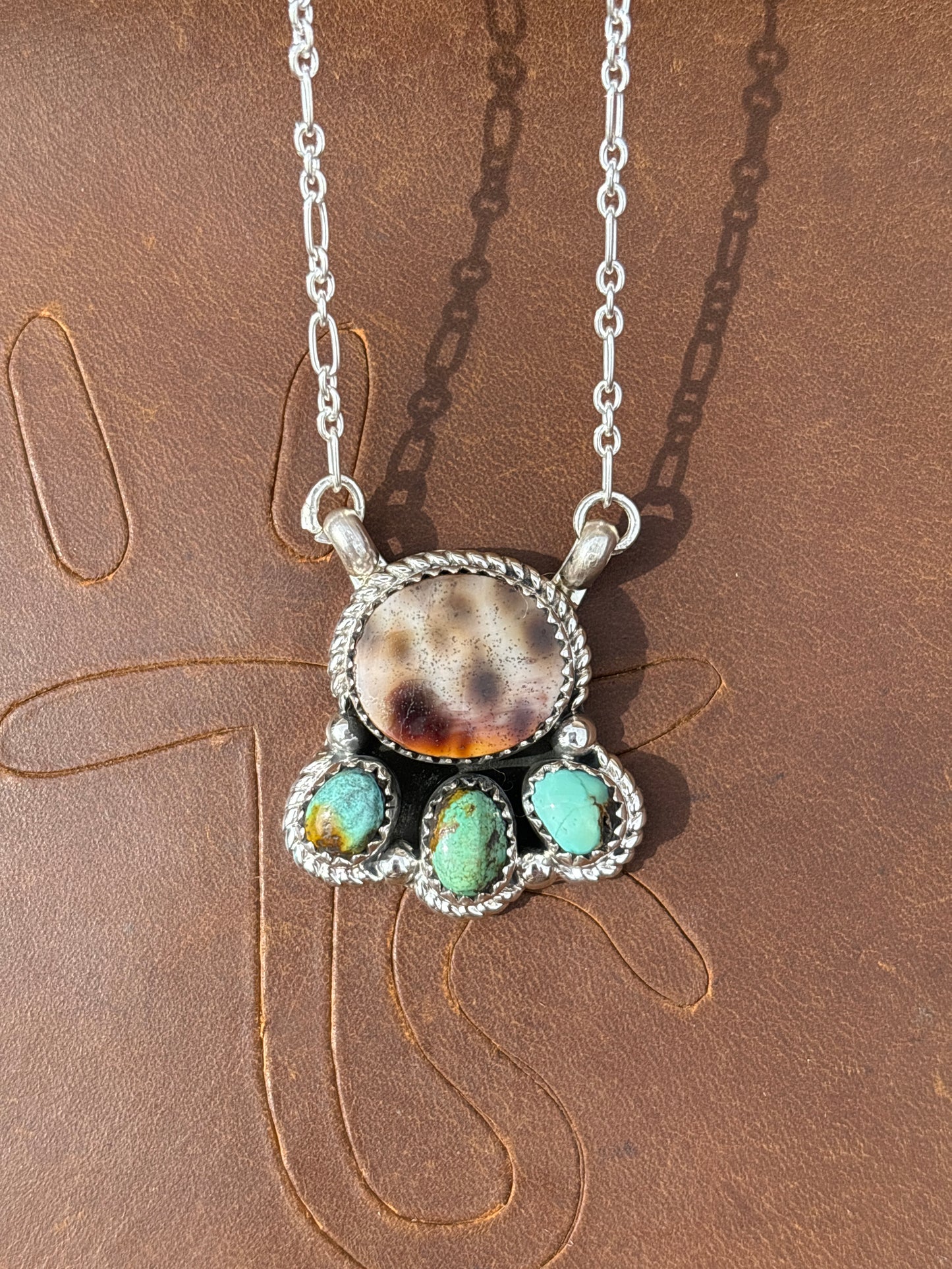 Native American, Hand-Made, Cowrie, Turquoise & Sterling Silver Necklace