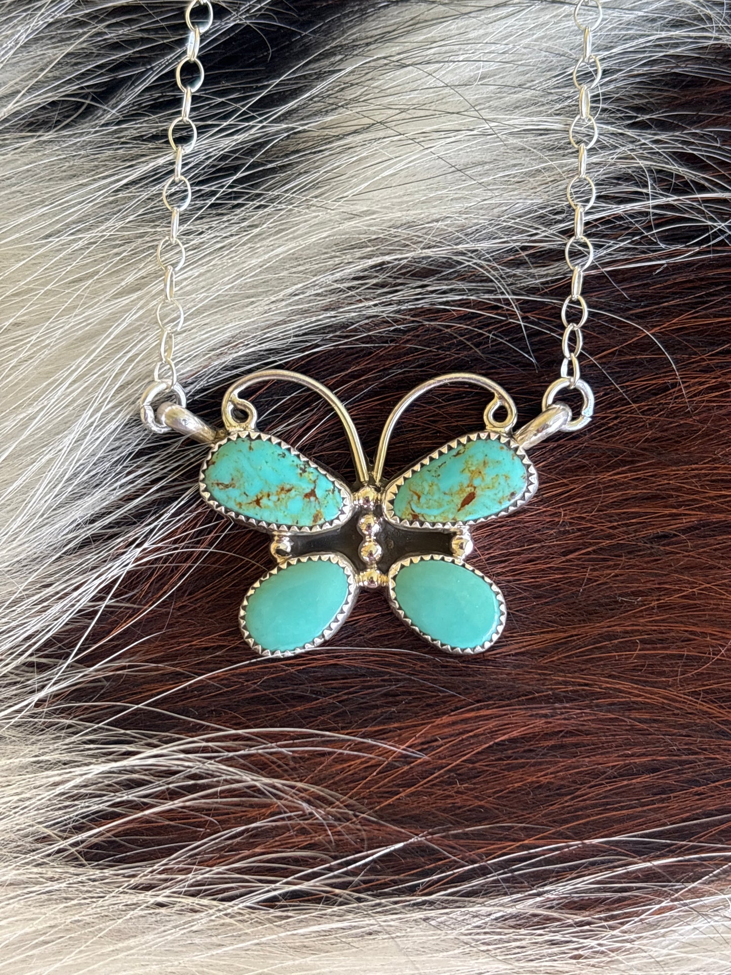 Native American, Hand-Made, Turquoise & Sterling Silver Butterfly Necklace