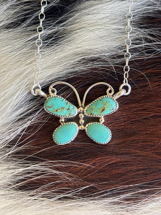 Native American, Hand-Made, Turquoise & Sterling Silver Butterfly Necklace